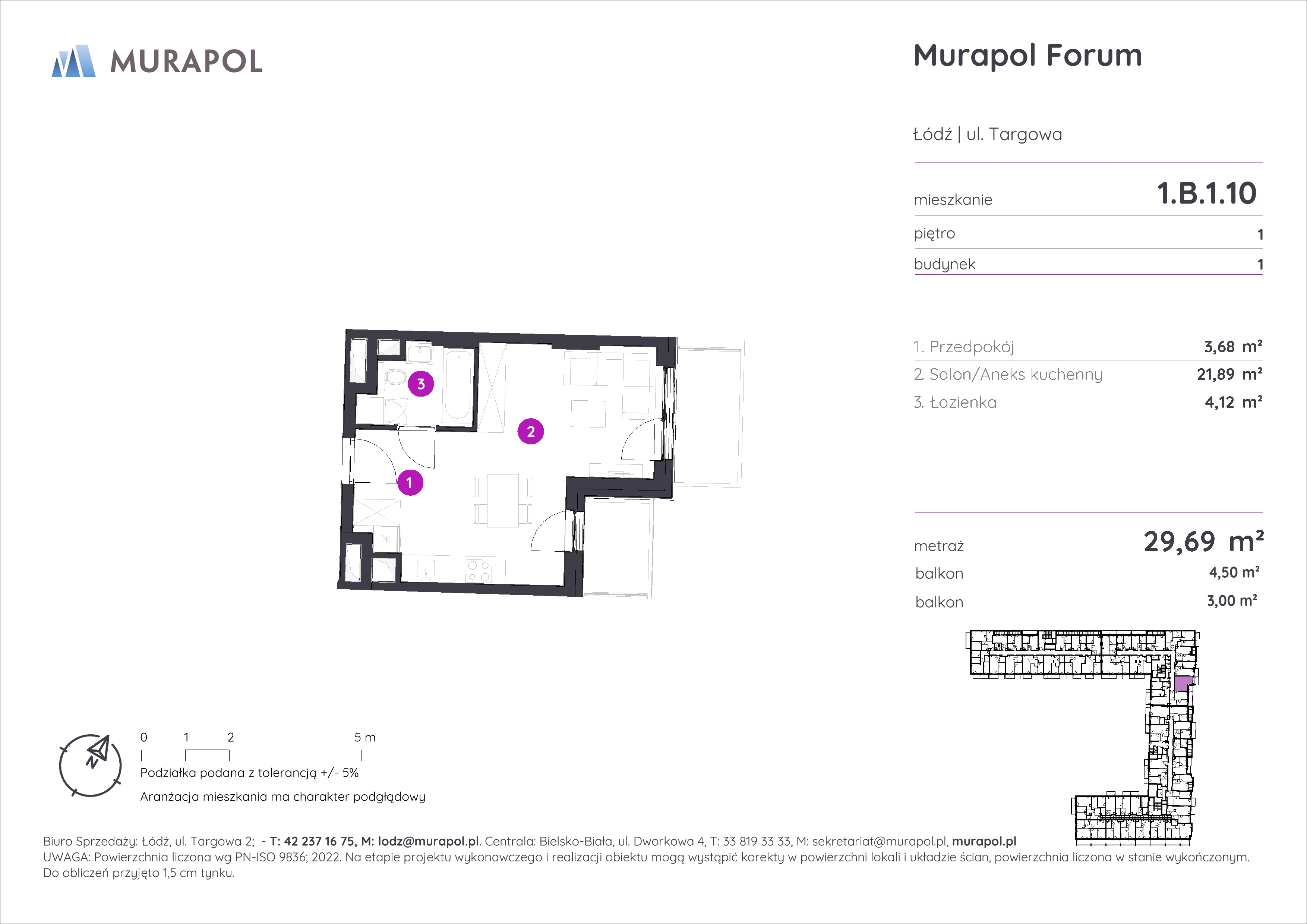 Mieszkanie 29,69 m², piętro 1, oferta nr 1.B.1.10, Murapol Forum, Łódź, Śródmieście, ul. Targowa-idx