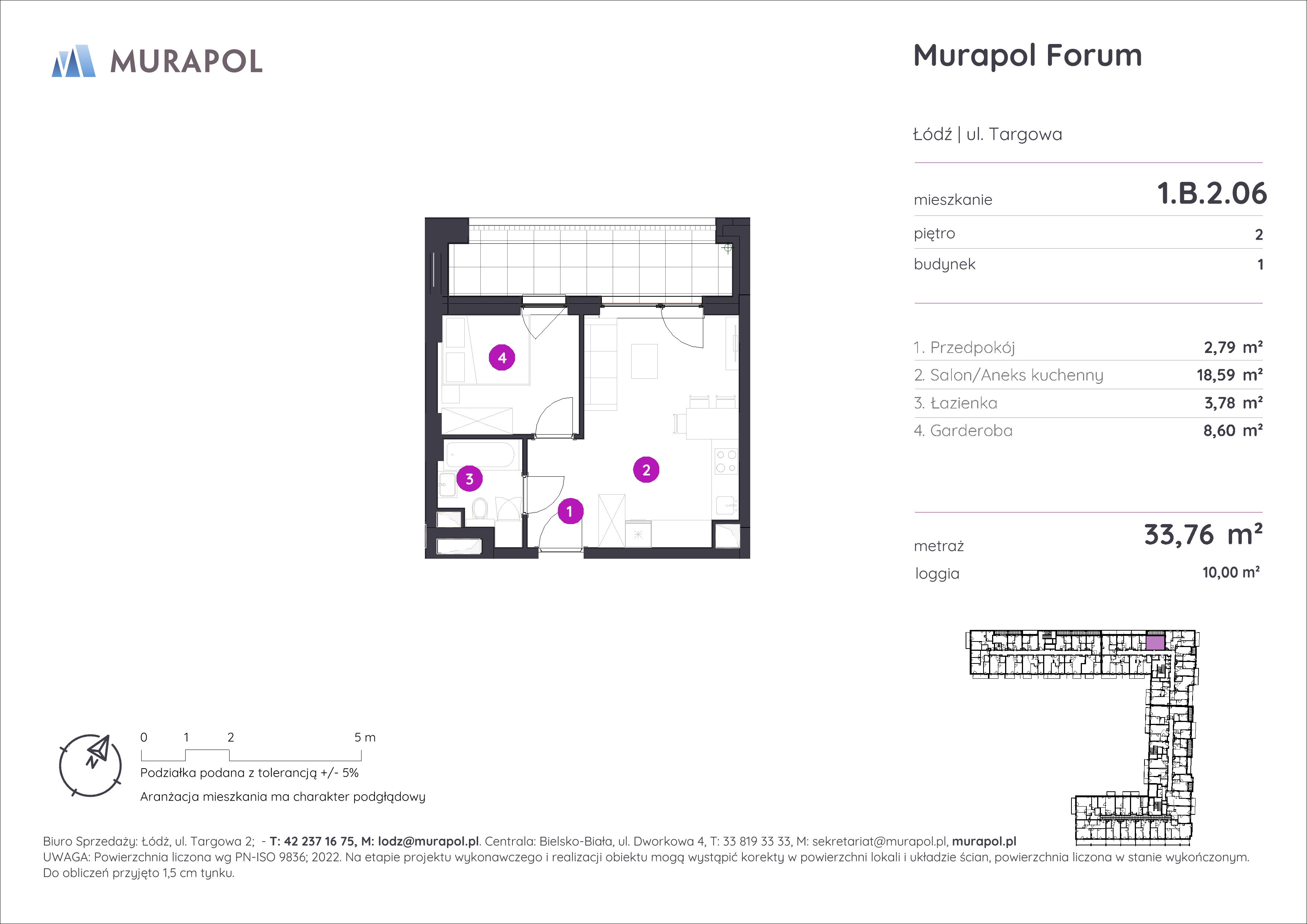 Mieszkanie 33,76 m², piętro 2, oferta nr 1.B.2.06, Murapol Forum, Łódź, Śródmieście, ul. Targowa-idx