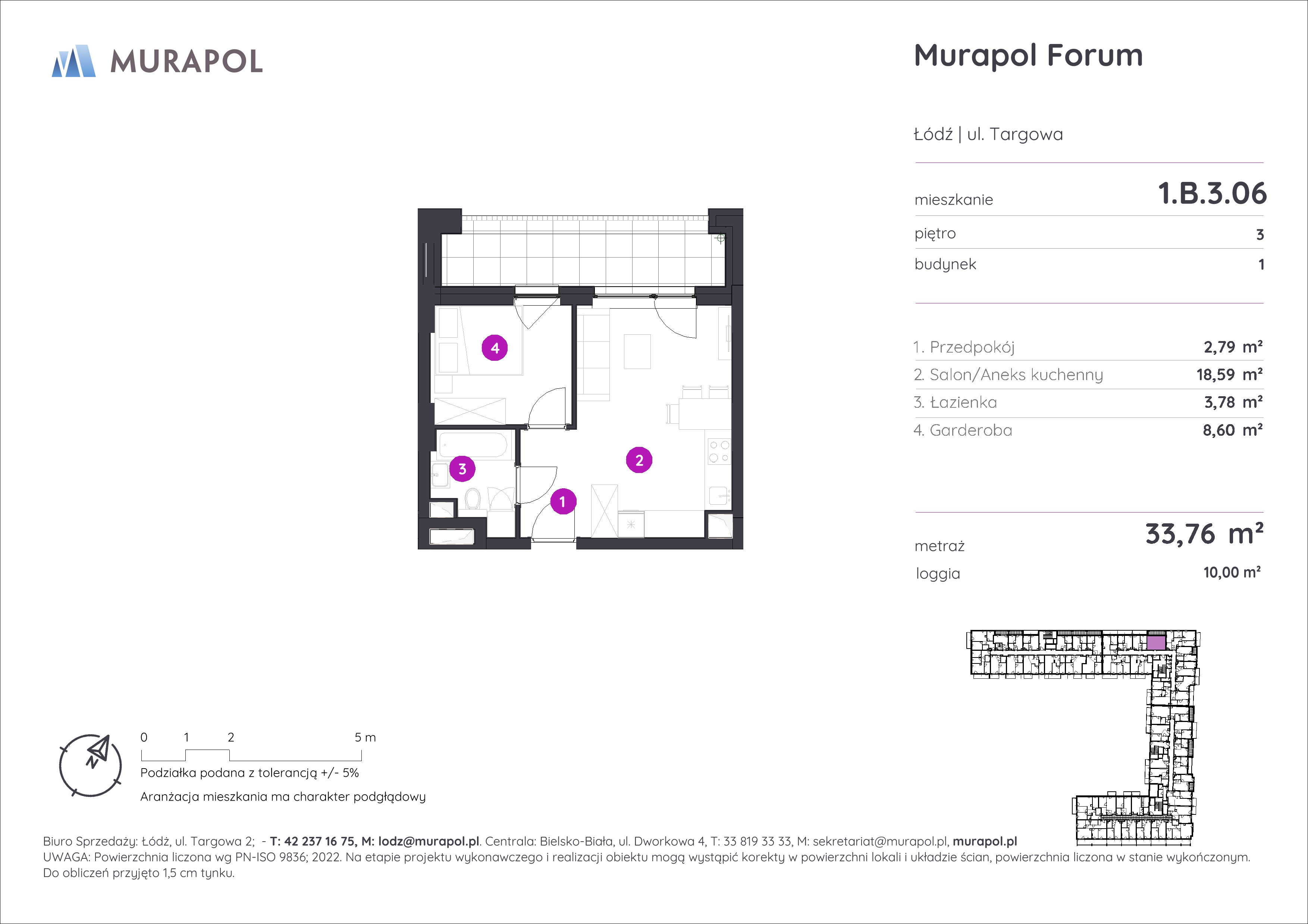 Mieszkanie 33,76 m², piętro 3, oferta nr 1.B.3.06, Murapol Forum, Łódź, Śródmieście, ul. Targowa-idx