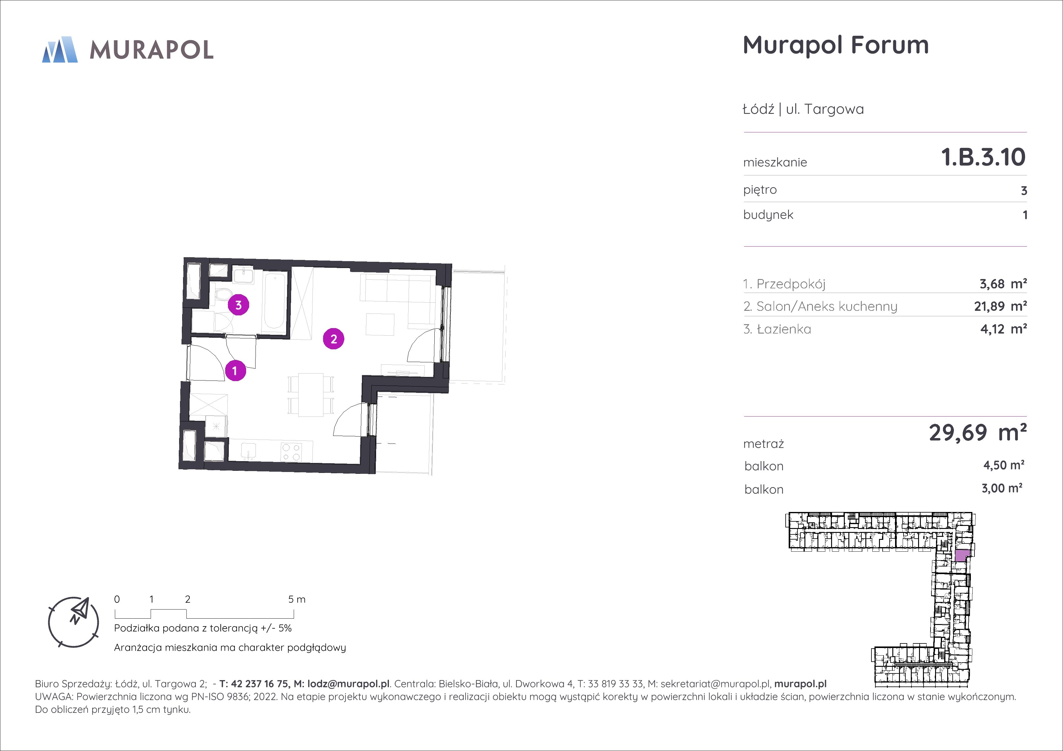 Mieszkanie 29,69 m², piętro 3, oferta nr 1.B.3.10, Murapol Forum, Łódź, Śródmieście, ul. Targowa-idx