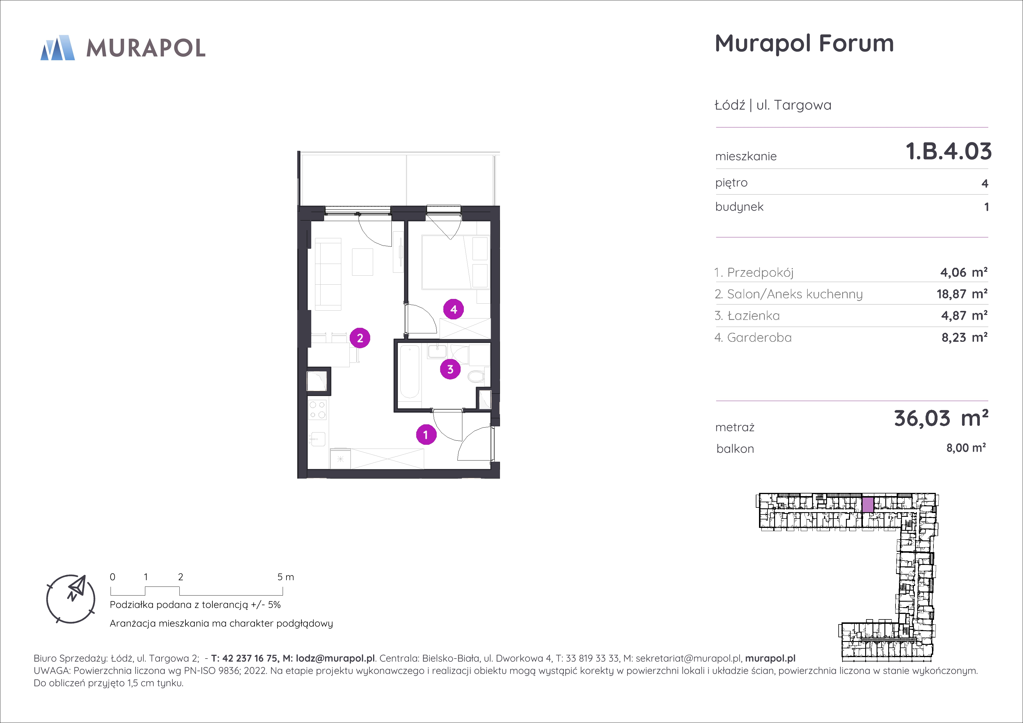 Mieszkanie 36,03 m², piętro 4, oferta nr 1.B.4.03, Murapol Forum, Łódź, Śródmieście, ul. Targowa-idx