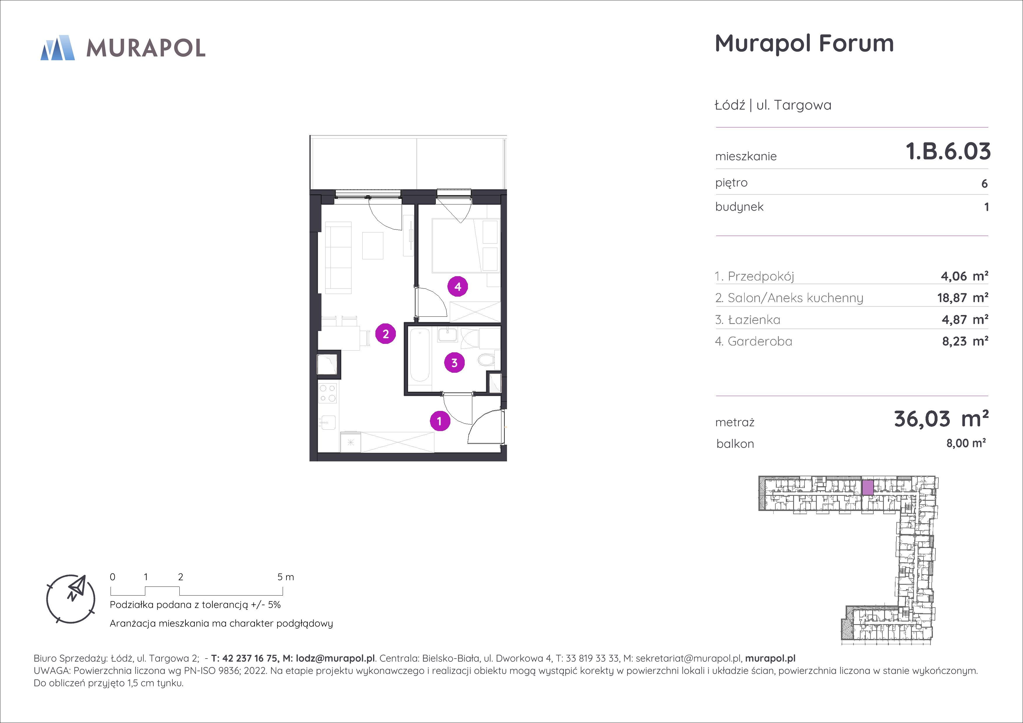 Mieszkanie 36,03 m², piętro 6, oferta nr 1.B.6.03, Murapol Forum, Łódź, Śródmieście, ul. Targowa-idx