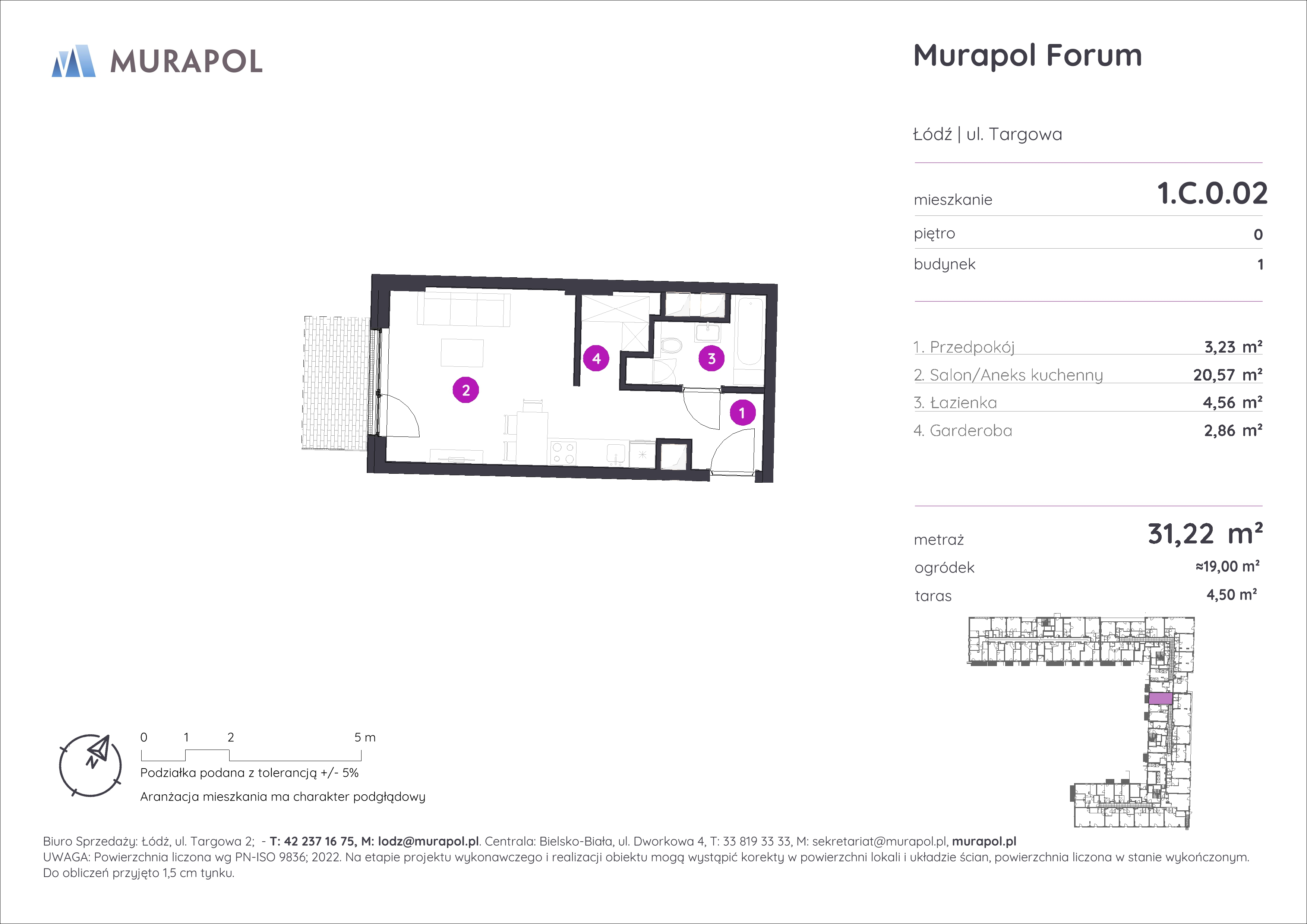 Mieszkanie 31,22 m², parter, oferta nr 1.C.0.02, Murapol Forum, Łódź, Śródmieście, ul. Targowa-idx