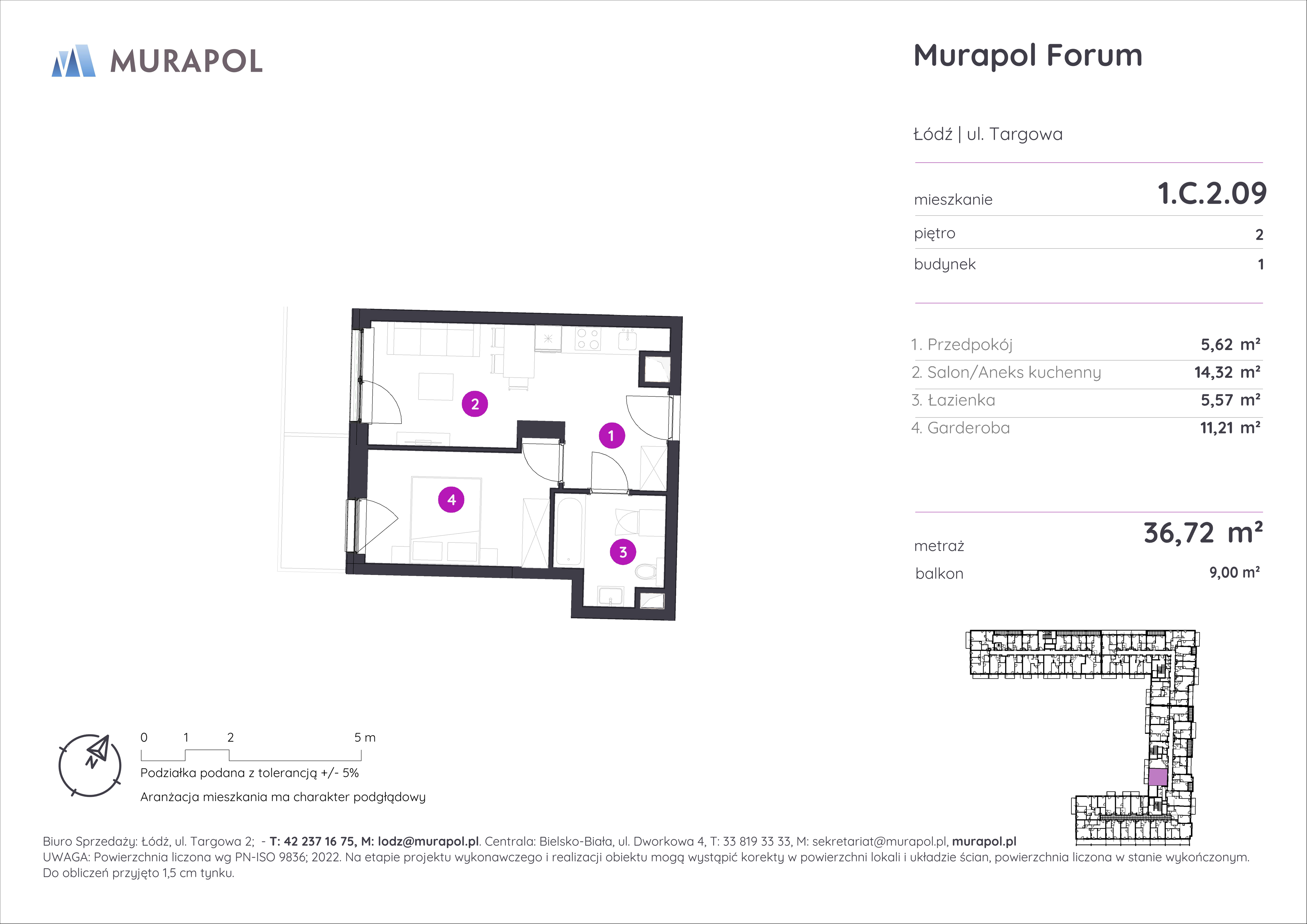 Mieszkanie 36,72 m², piętro 2, oferta nr 1.C.2.09, Murapol Forum, Łódź, Śródmieście, ul. Targowa-idx