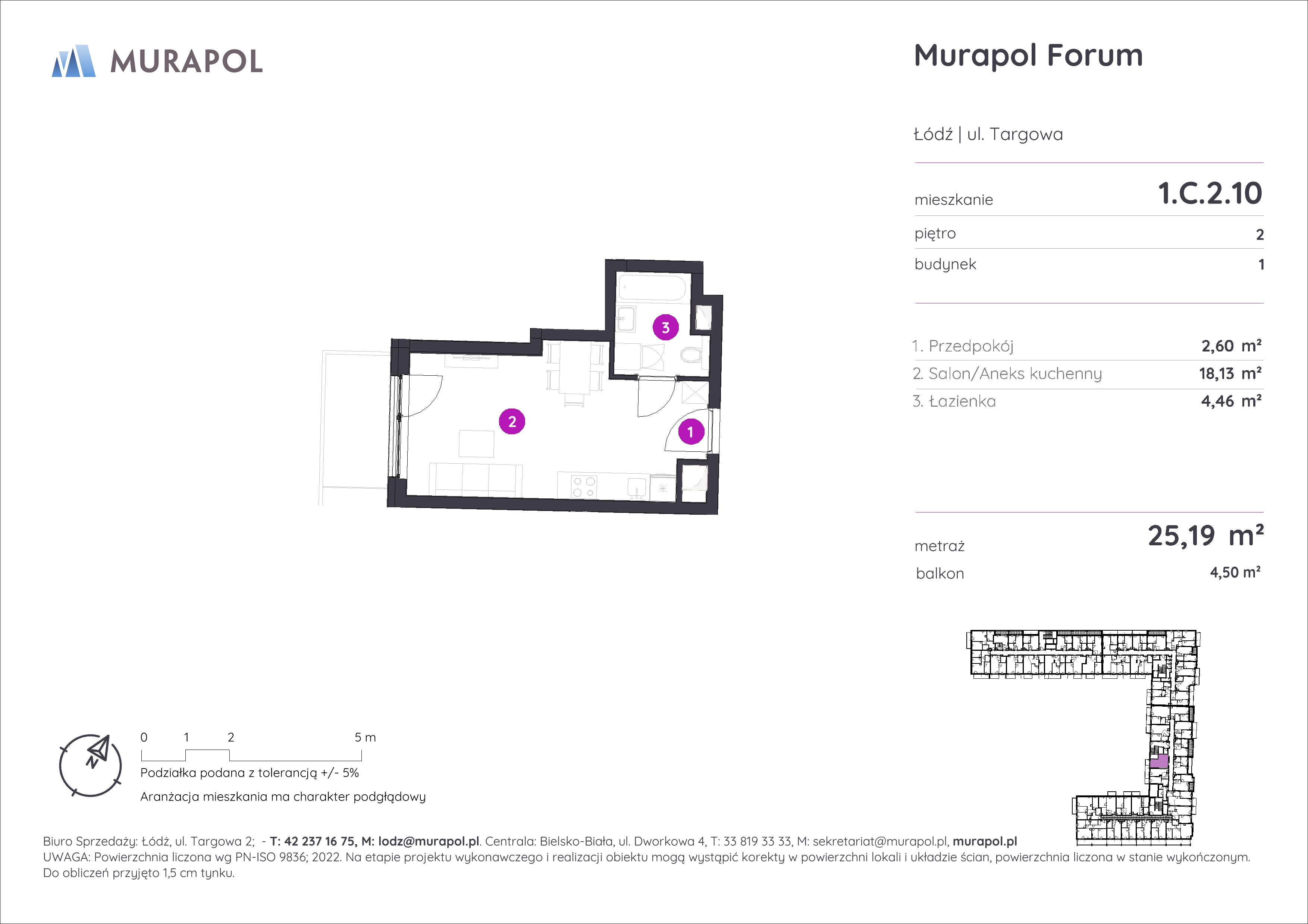 Mieszkanie 25,19 m², piętro 2, oferta nr 1.C.2.10, Murapol Forum, Łódź, Śródmieście, ul. Targowa-idx