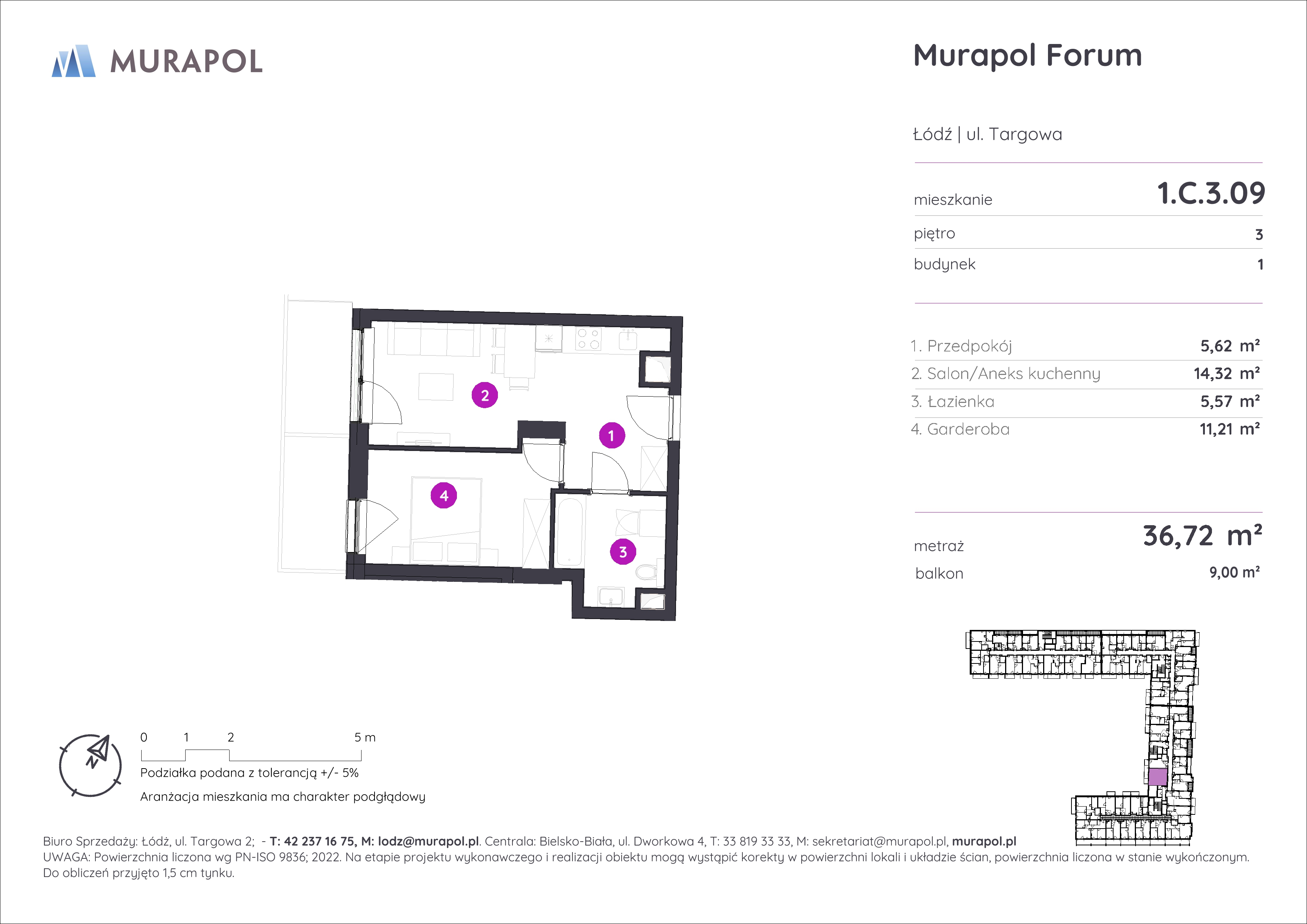 Mieszkanie 36,72 m², piętro 3, oferta nr 1.C.3.09, Murapol Forum, Łódź, Śródmieście, ul. Targowa-idx