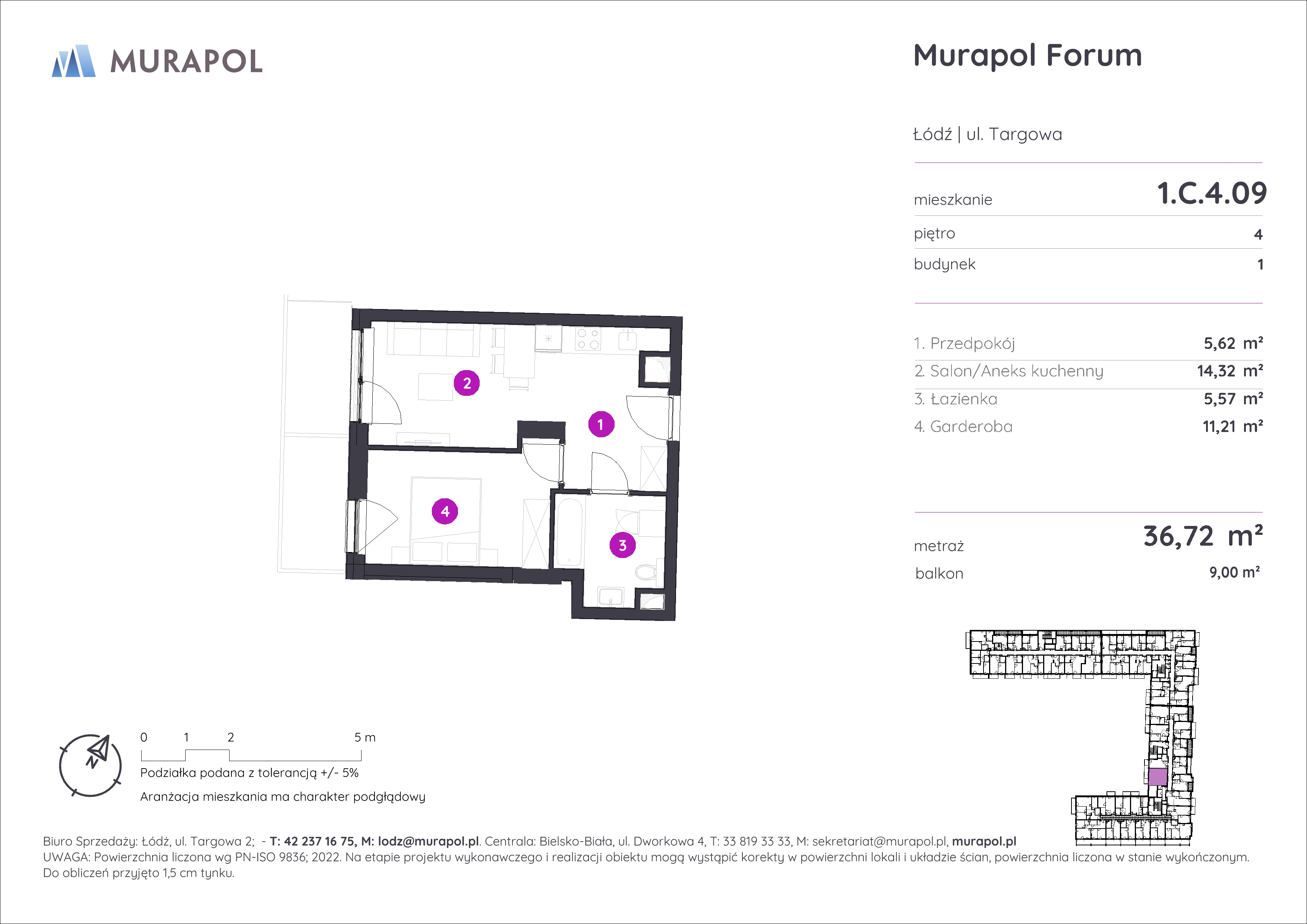 Mieszkanie 36,72 m², piętro 4, oferta nr 1.C.4.09, Murapol Forum, Łódź, Śródmieście, ul. Targowa-idx