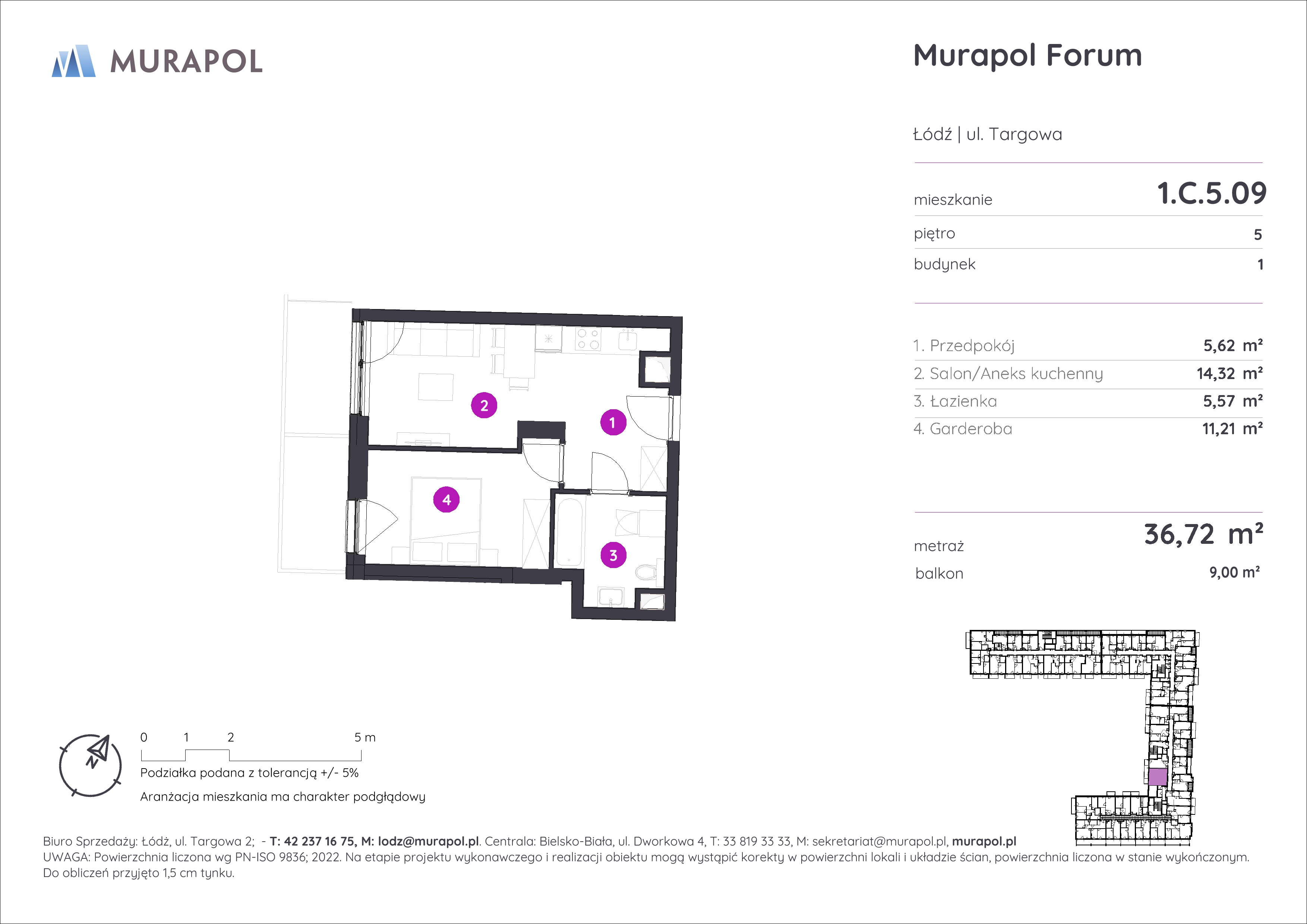 Mieszkanie 36,72 m², piętro 5, oferta nr 1.C.5.09, Murapol Forum, Łódź, Śródmieście, ul. Targowa-idx