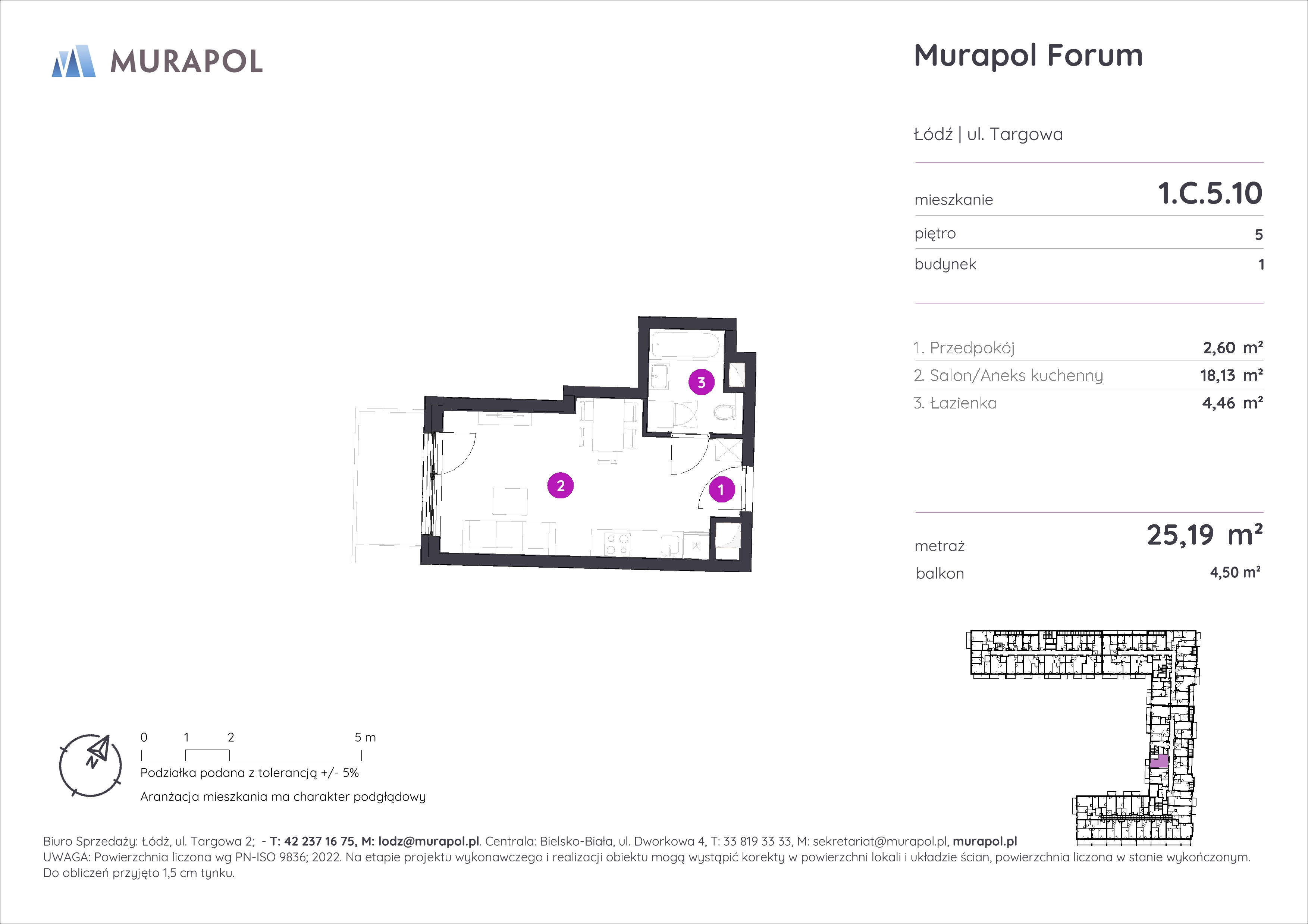 Mieszkanie 25,19 m², piętro 5, oferta nr 1.C.5.10, Murapol Forum, Łódź, Śródmieście, ul. Targowa-idx