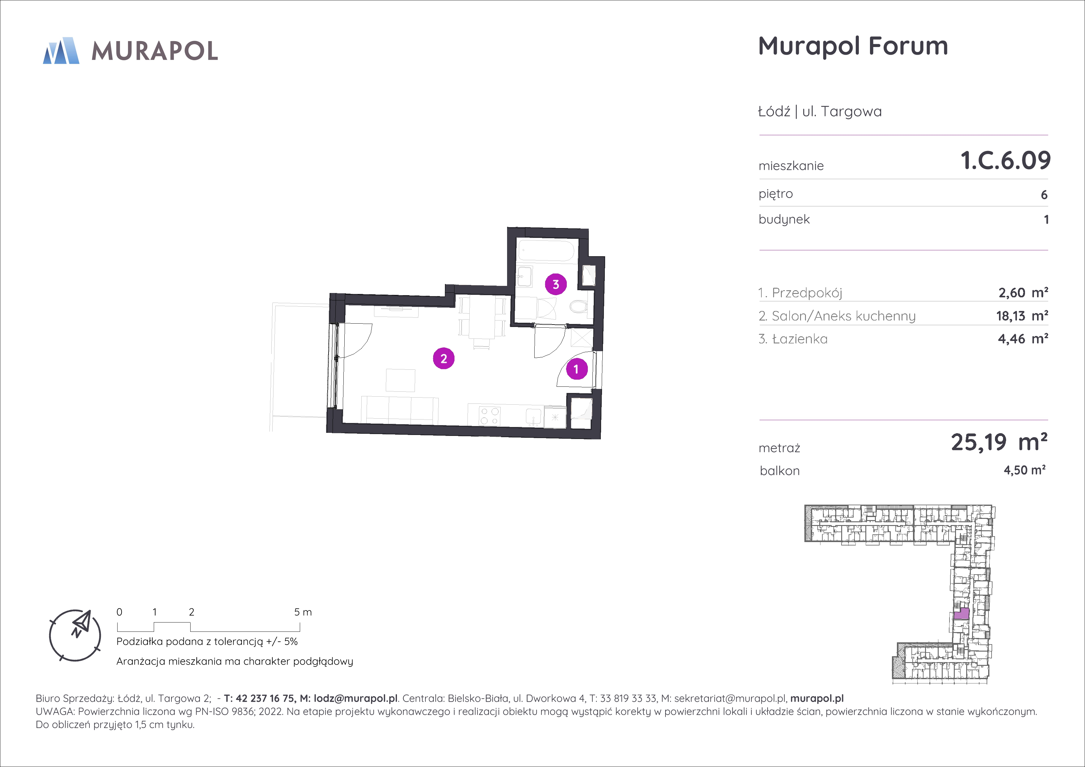 Mieszkanie 25,19 m², piętro 6, oferta nr 1.C.6.09, Murapol Forum, Łódź, Śródmieście, ul. Targowa-idx