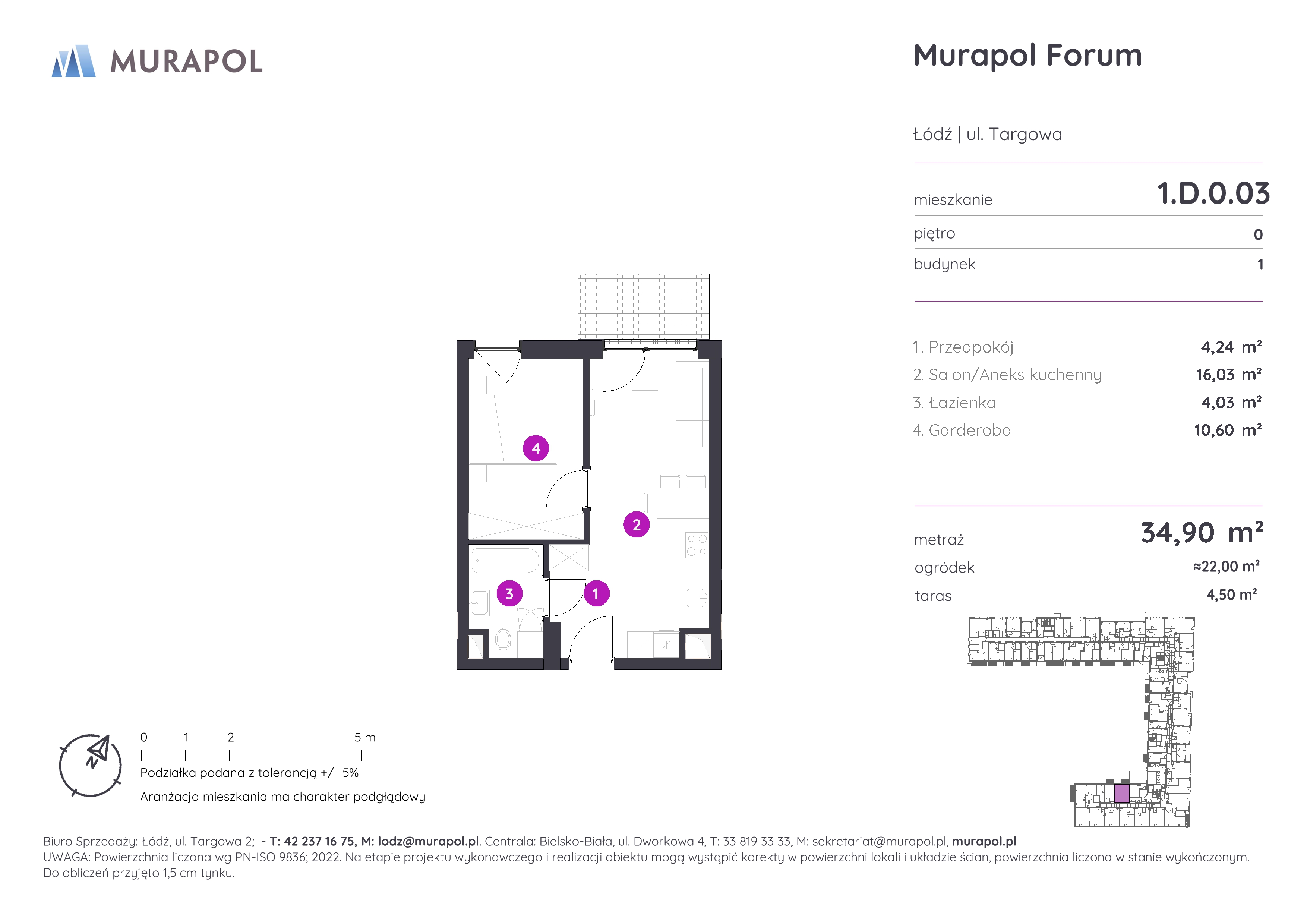 Mieszkanie 34,90 m², parter, oferta nr 1.D.0.03, Murapol Forum, Łódź, Śródmieście, ul. Targowa-idx