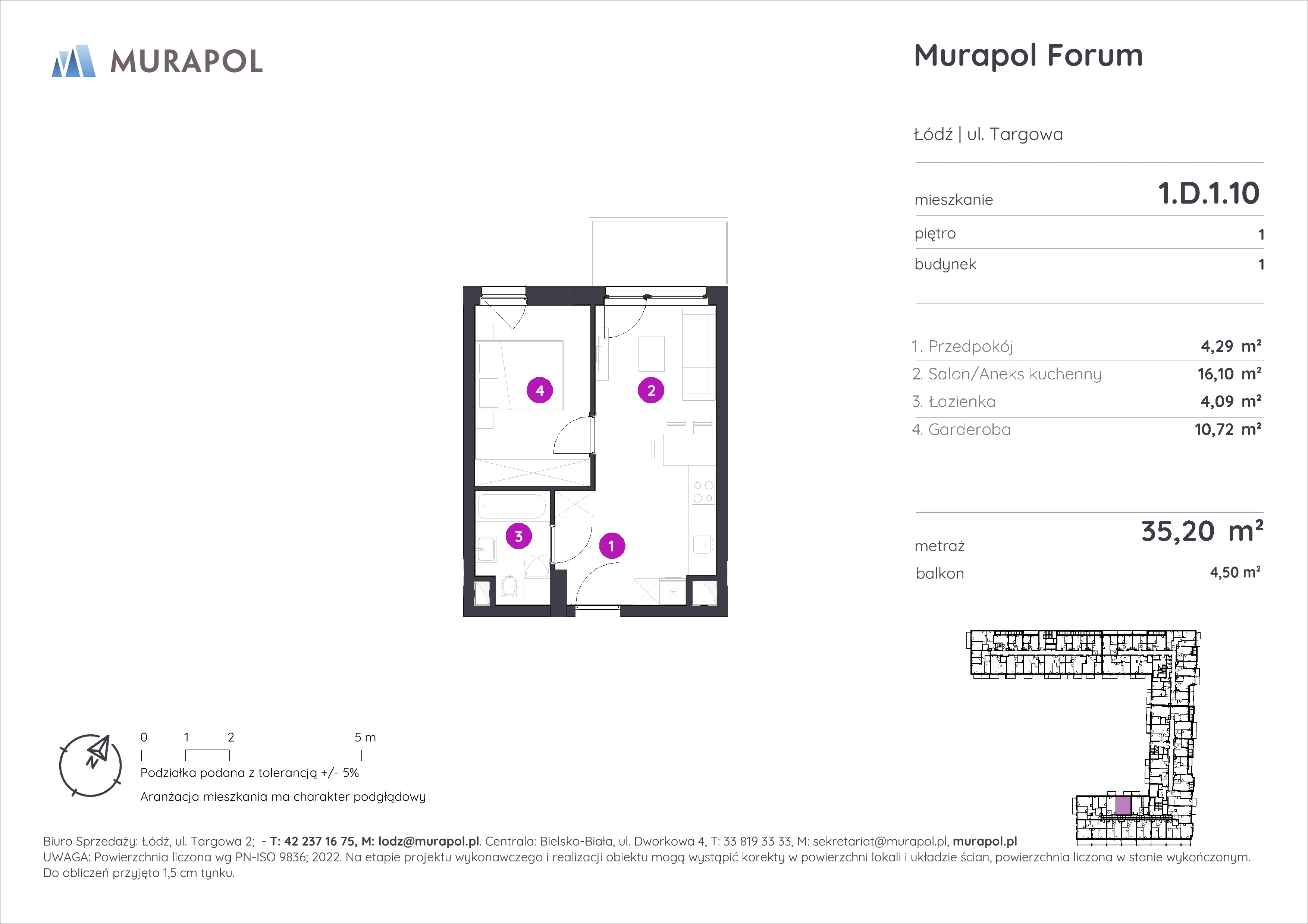 Mieszkanie 35,20 m², piętro 1, oferta nr 1.D.1.10, Murapol Forum, Łódź, Śródmieście, ul. Targowa-idx