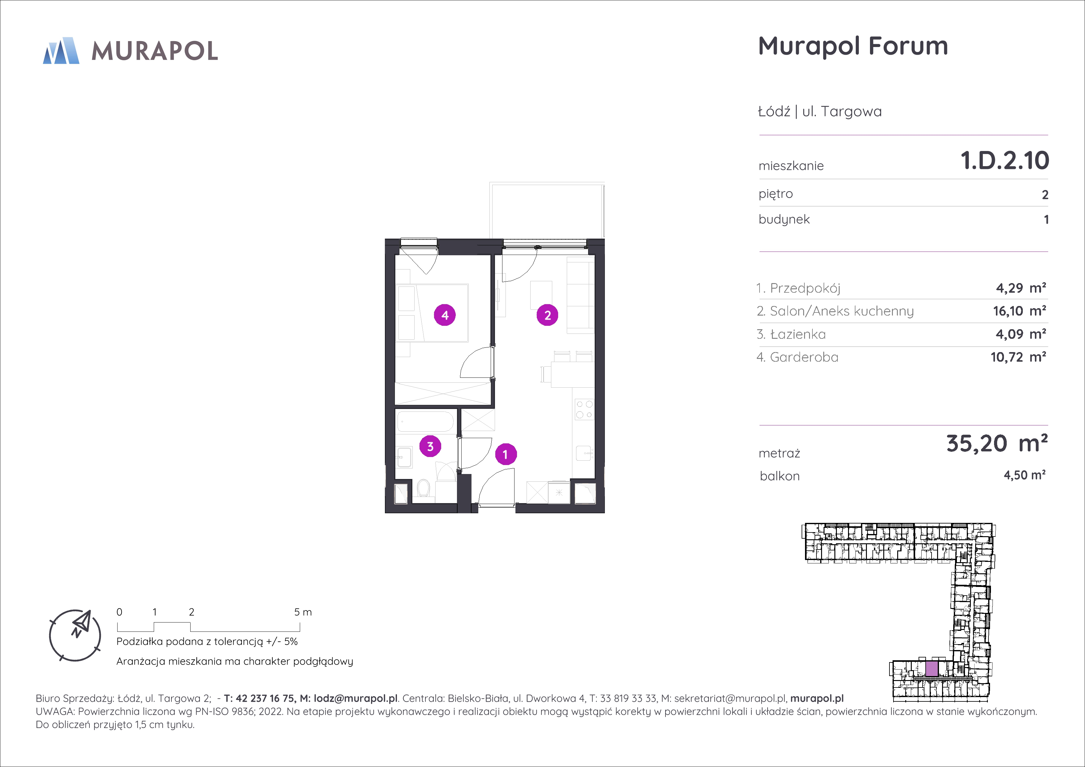 Mieszkanie 35,20 m², piętro 2, oferta nr 1.D.2.10, Murapol Forum, Łódź, Śródmieście, ul. Targowa-idx