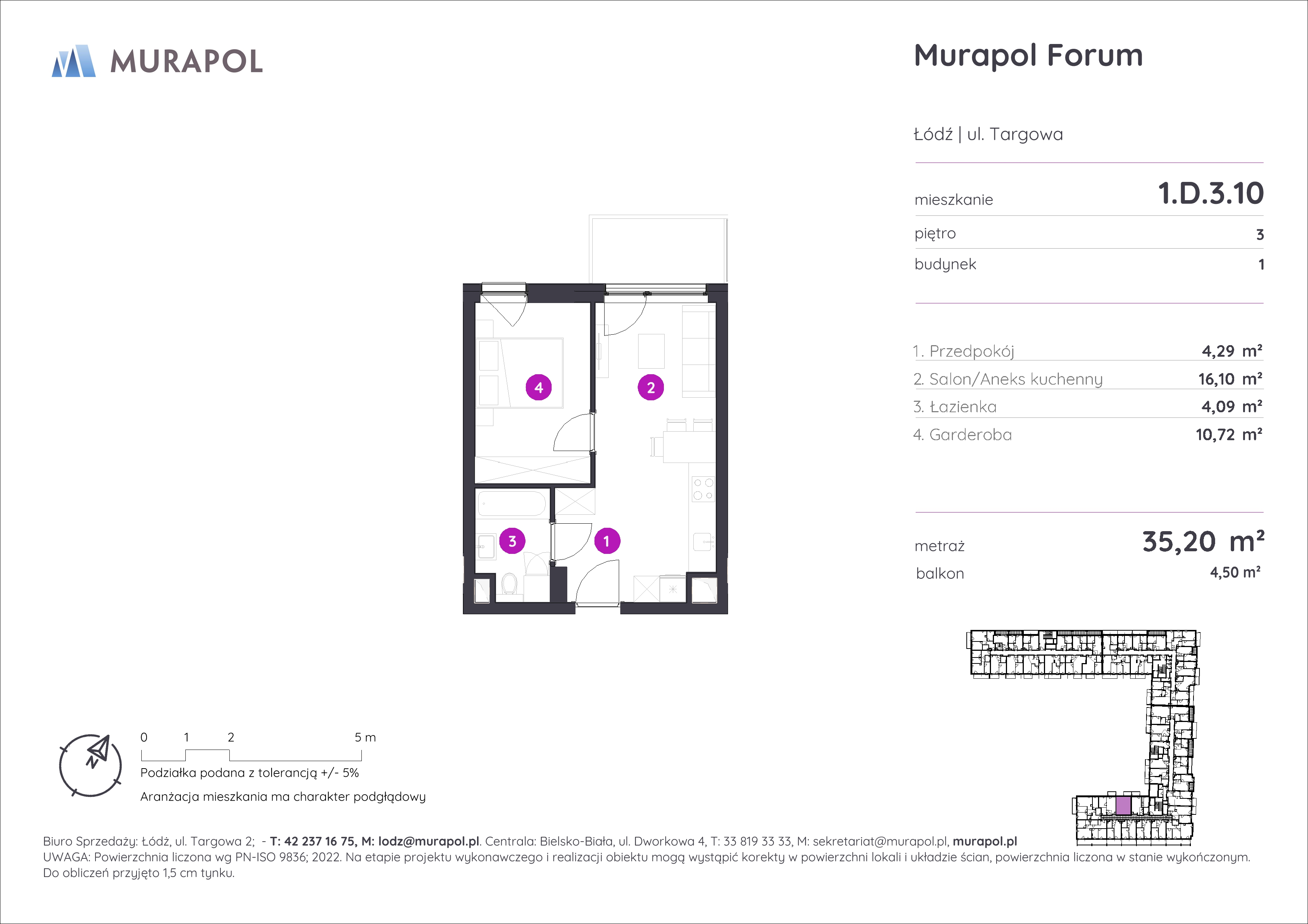 Mieszkanie 35,20 m², piętro 3, oferta nr 1.D.3.10, Murapol Forum, Łódź, Śródmieście, ul. Targowa-idx