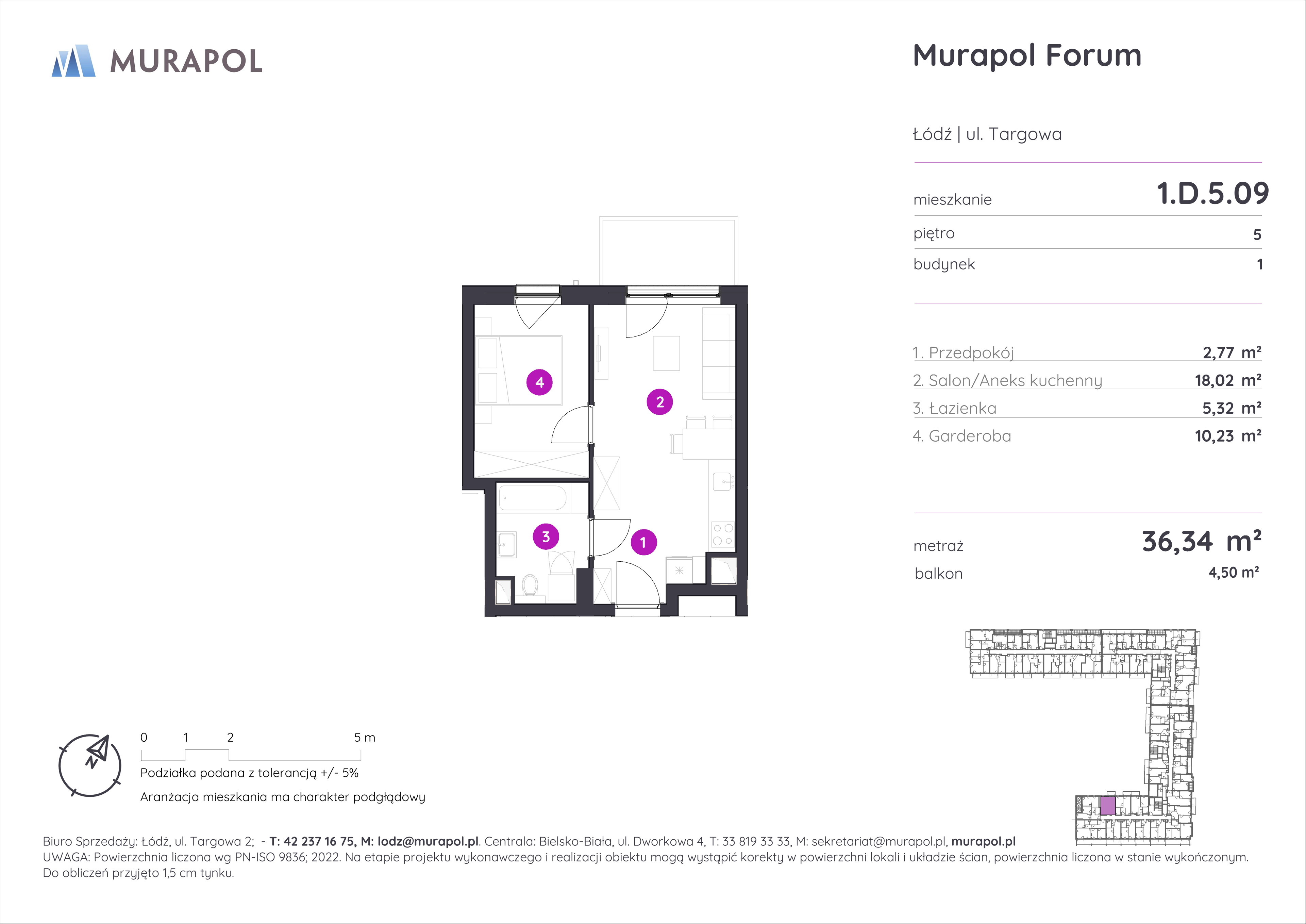 Mieszkanie 36,34 m², piętro 5, oferta nr 1.D.5.09, Murapol Forum, Łódź, Śródmieście, ul. Targowa-idx