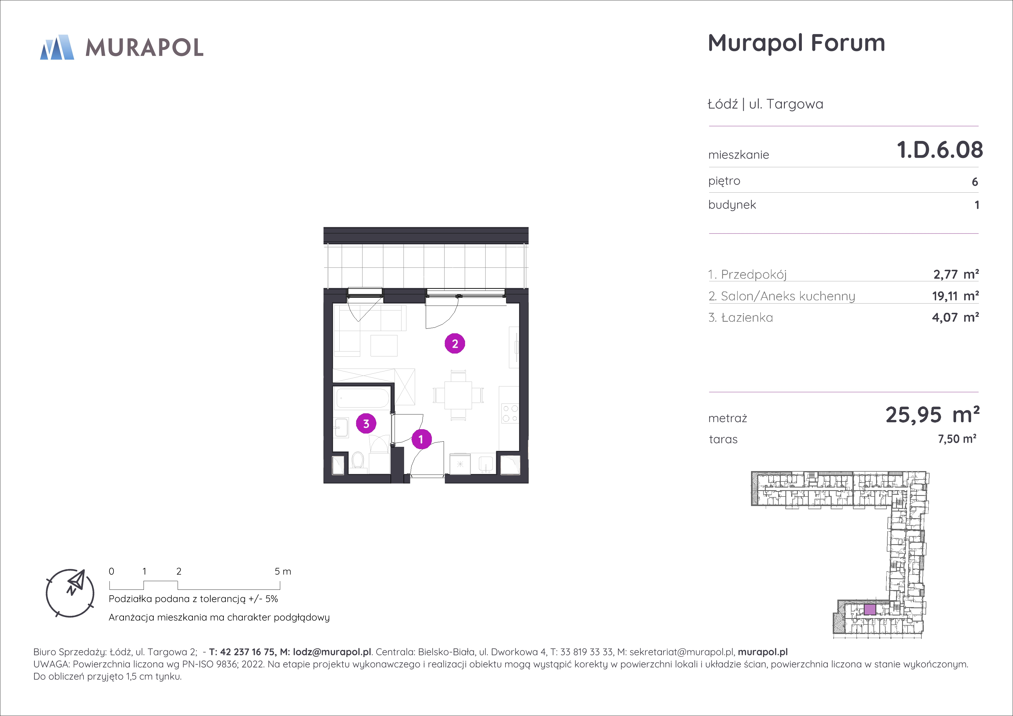 Mieszkanie 25,95 m², piętro 6, oferta nr 1.D.6.08, Murapol Forum, Łódź, Śródmieście, ul. Targowa-idx