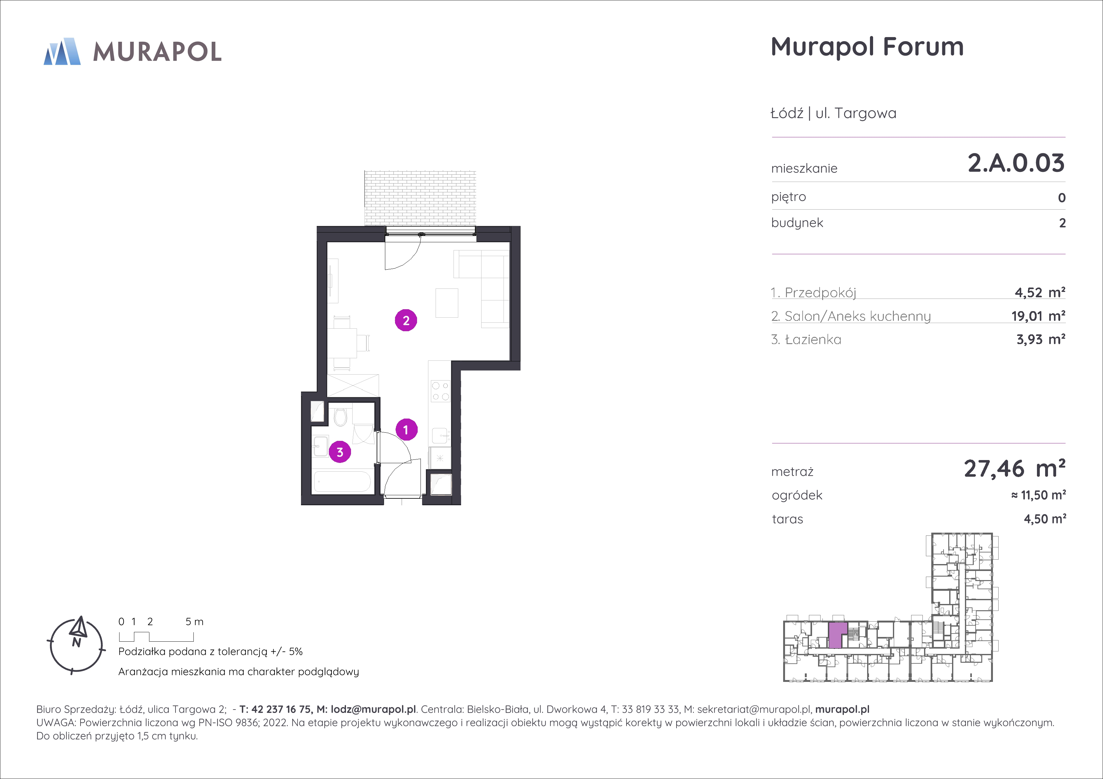 Mieszkanie 27,46 m², parter, oferta nr 2.A.0.03, Murapol Forum, Łódź, Śródmieście, ul. Targowa-idx