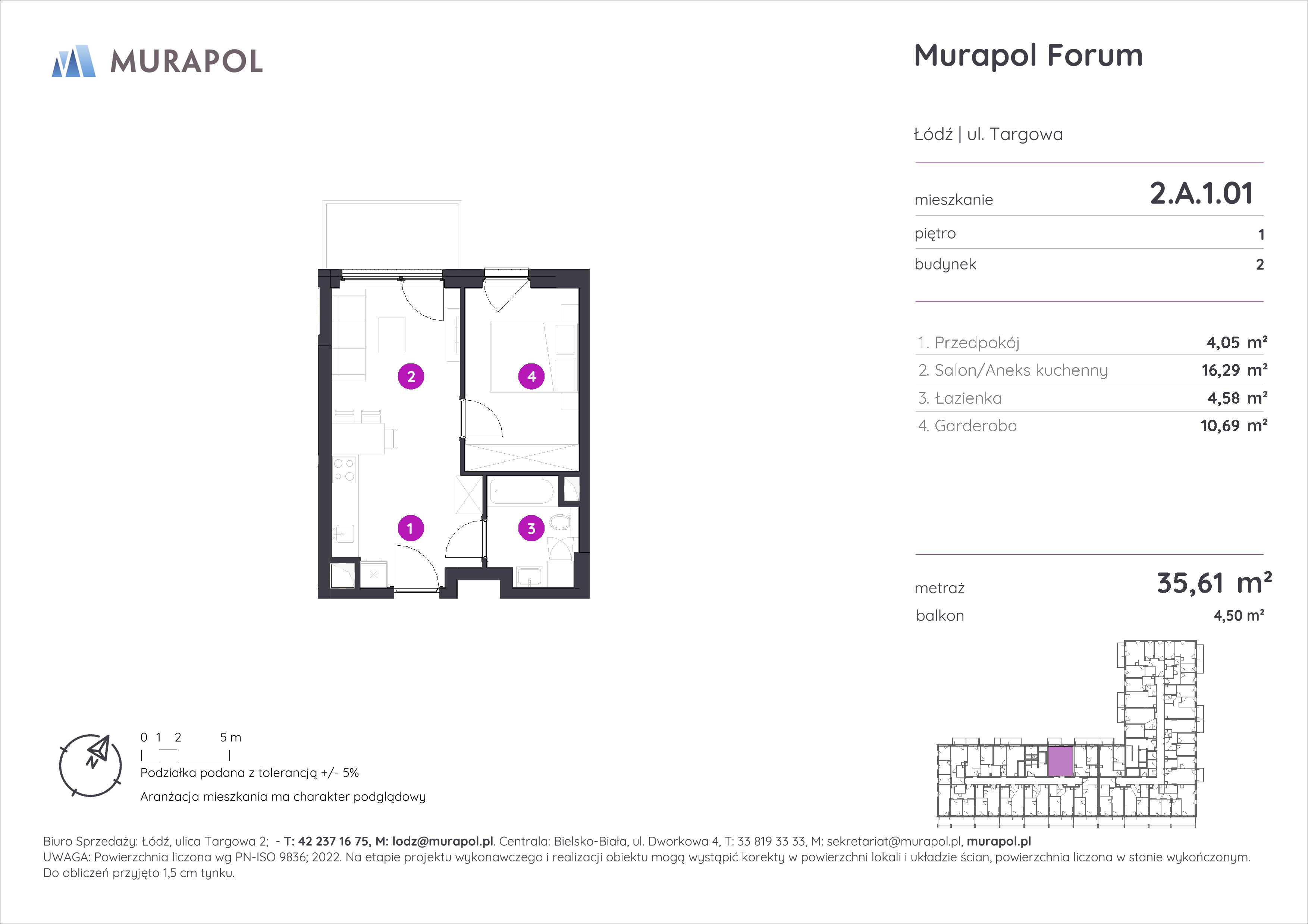 Mieszkanie 35,61 m², piętro 1, oferta nr 2.A.1.01, Murapol Forum, Łódź, Śródmieście, ul. Targowa-idx