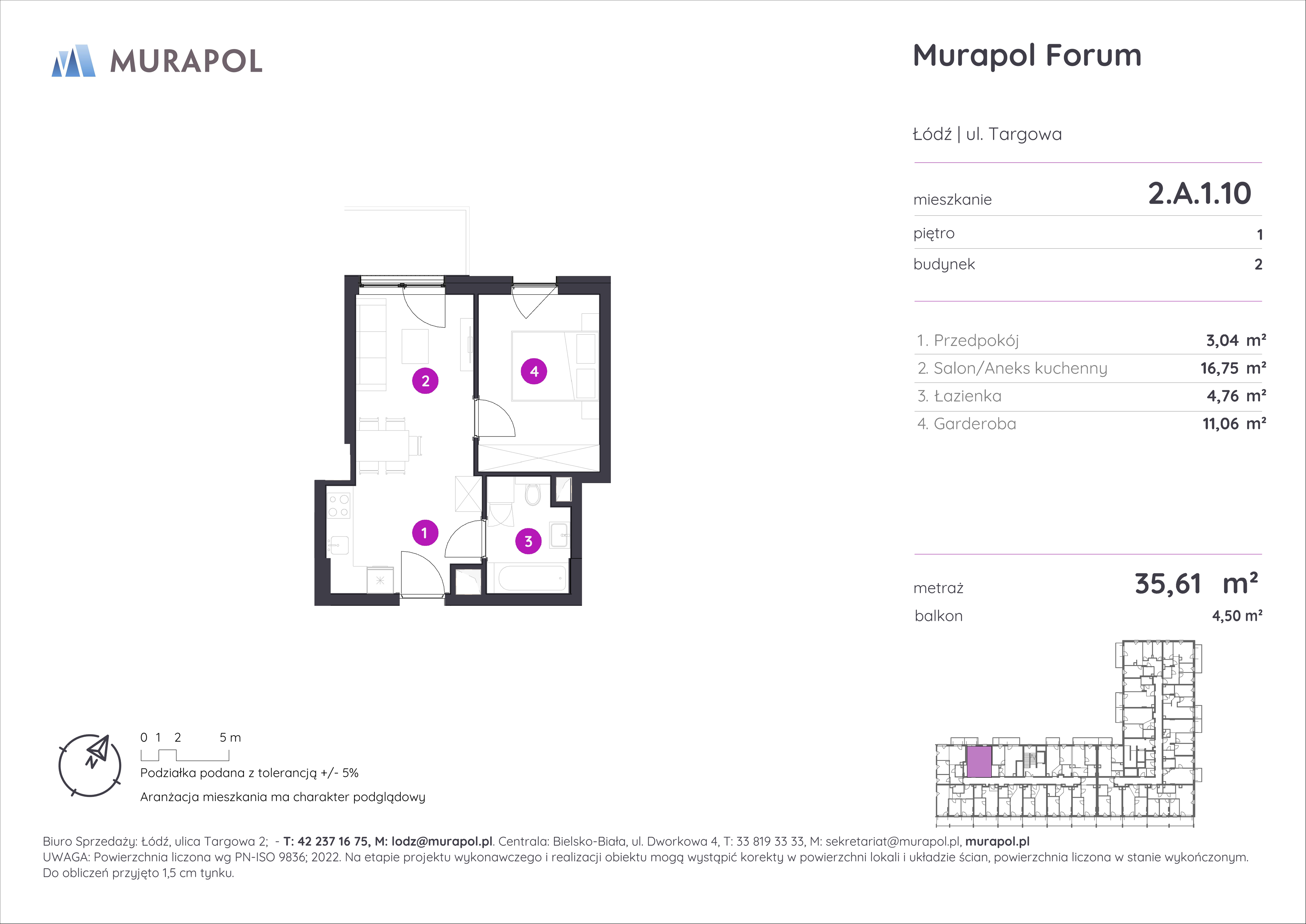 Mieszkanie 35,61 m², piętro 1, oferta nr 2.A.1.10, Murapol Forum, Łódź, Śródmieście, ul. Targowa-idx