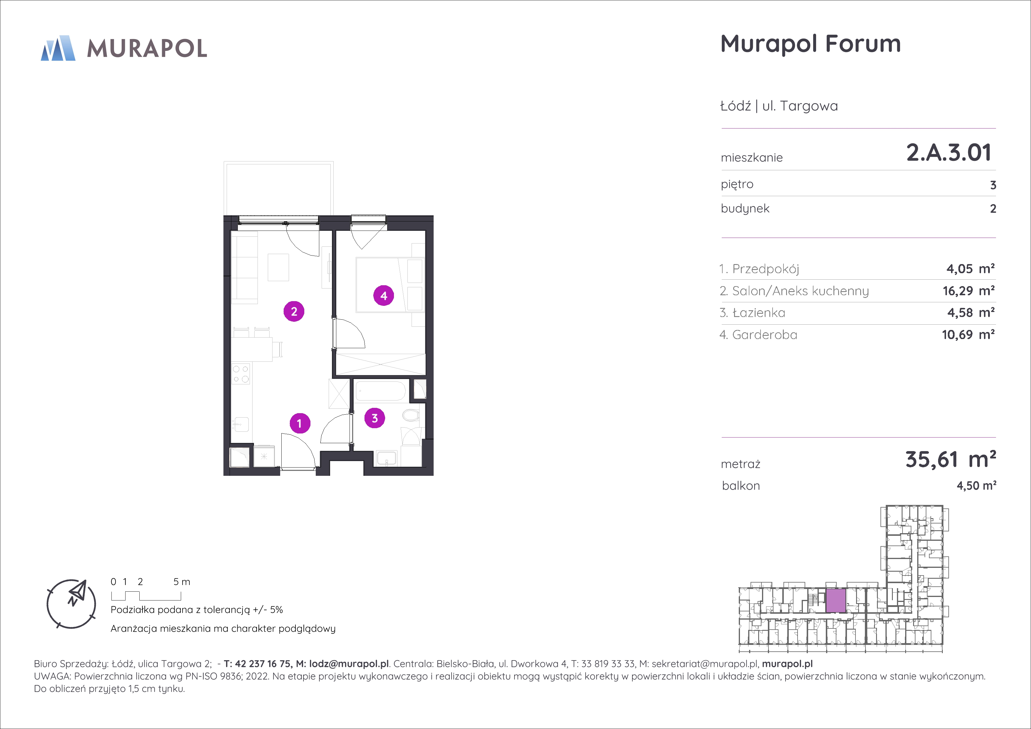 Mieszkanie 35,61 m², piętro 3, oferta nr 2.A.3.01, Murapol Forum, Łódź, Śródmieście, ul. Targowa-idx