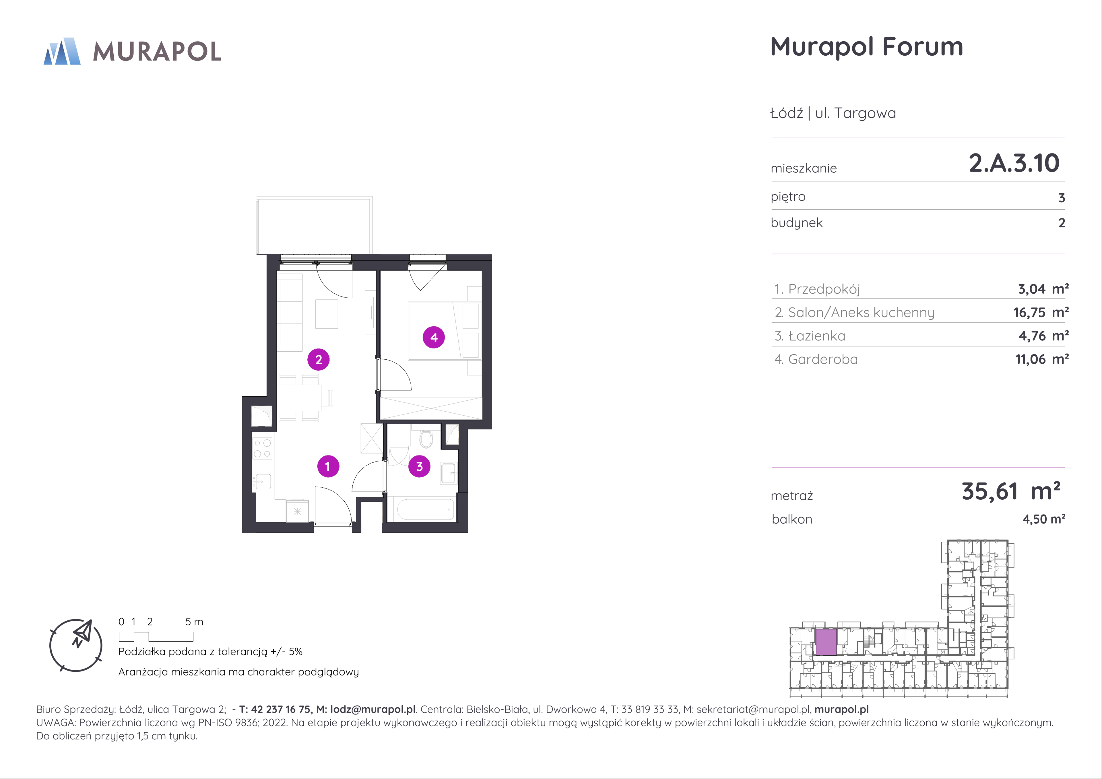 Mieszkanie 35,61 m², piętro 3, oferta nr 2.A.3.10, Murapol Forum, Łódź, Śródmieście, ul. Targowa-idx