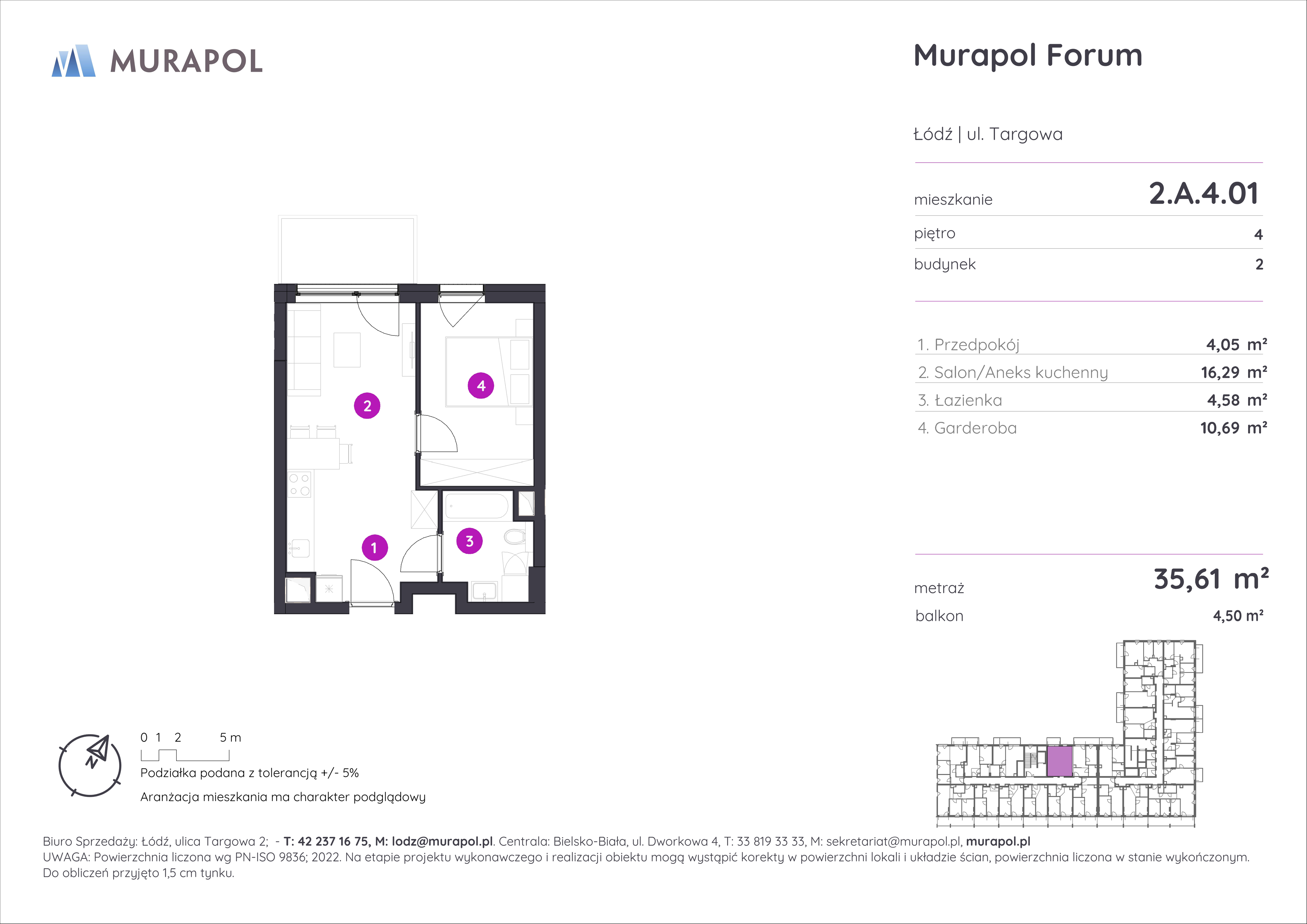 Mieszkanie 35,61 m², piętro 4, oferta nr 2.A.4.01, Murapol Forum, Łódź, Śródmieście, ul. Targowa-idx