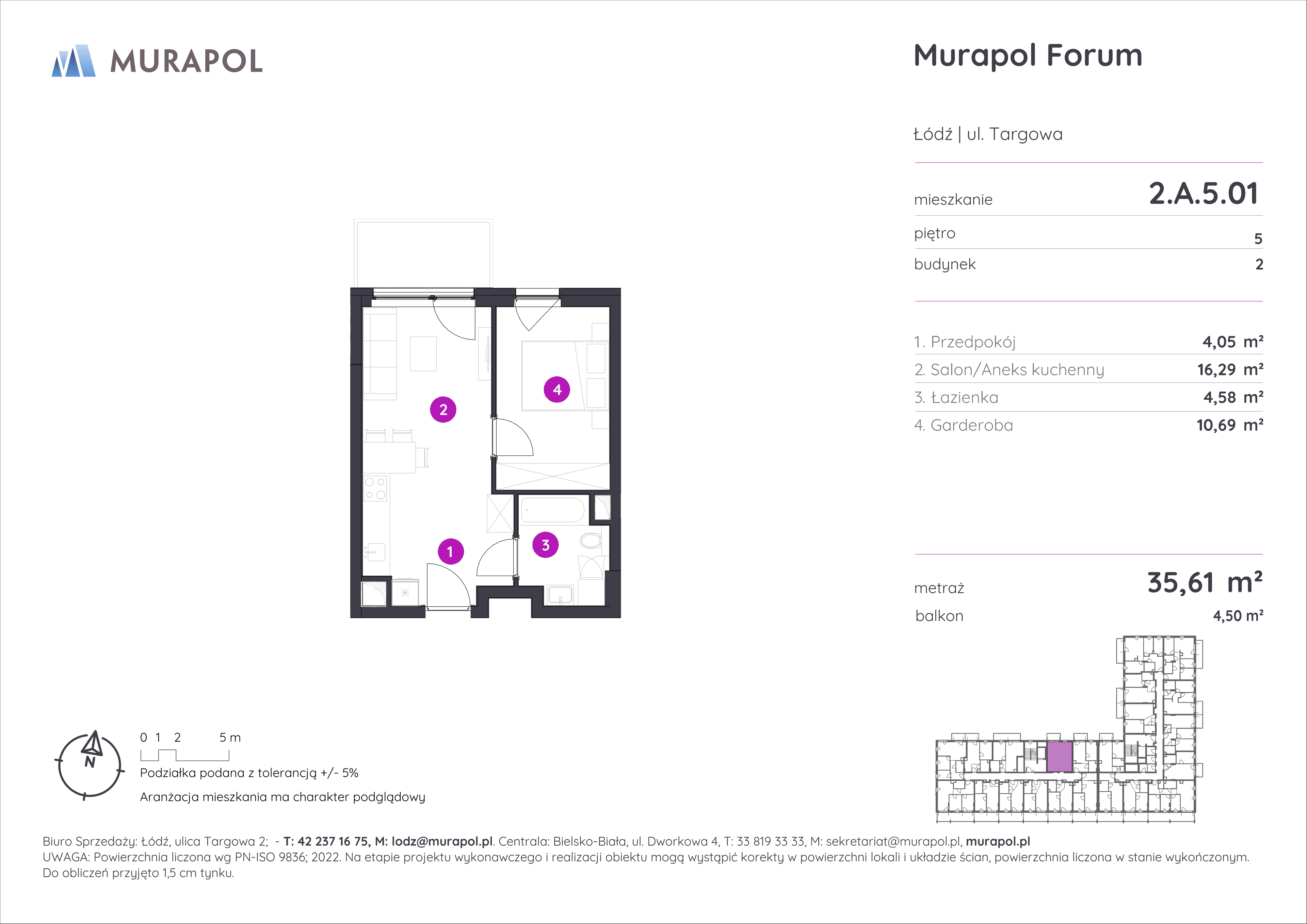 Mieszkanie 35,61 m², piętro 5, oferta nr 2.A.5.01, Murapol Forum, Łódź, Śródmieście, ul. Targowa-idx