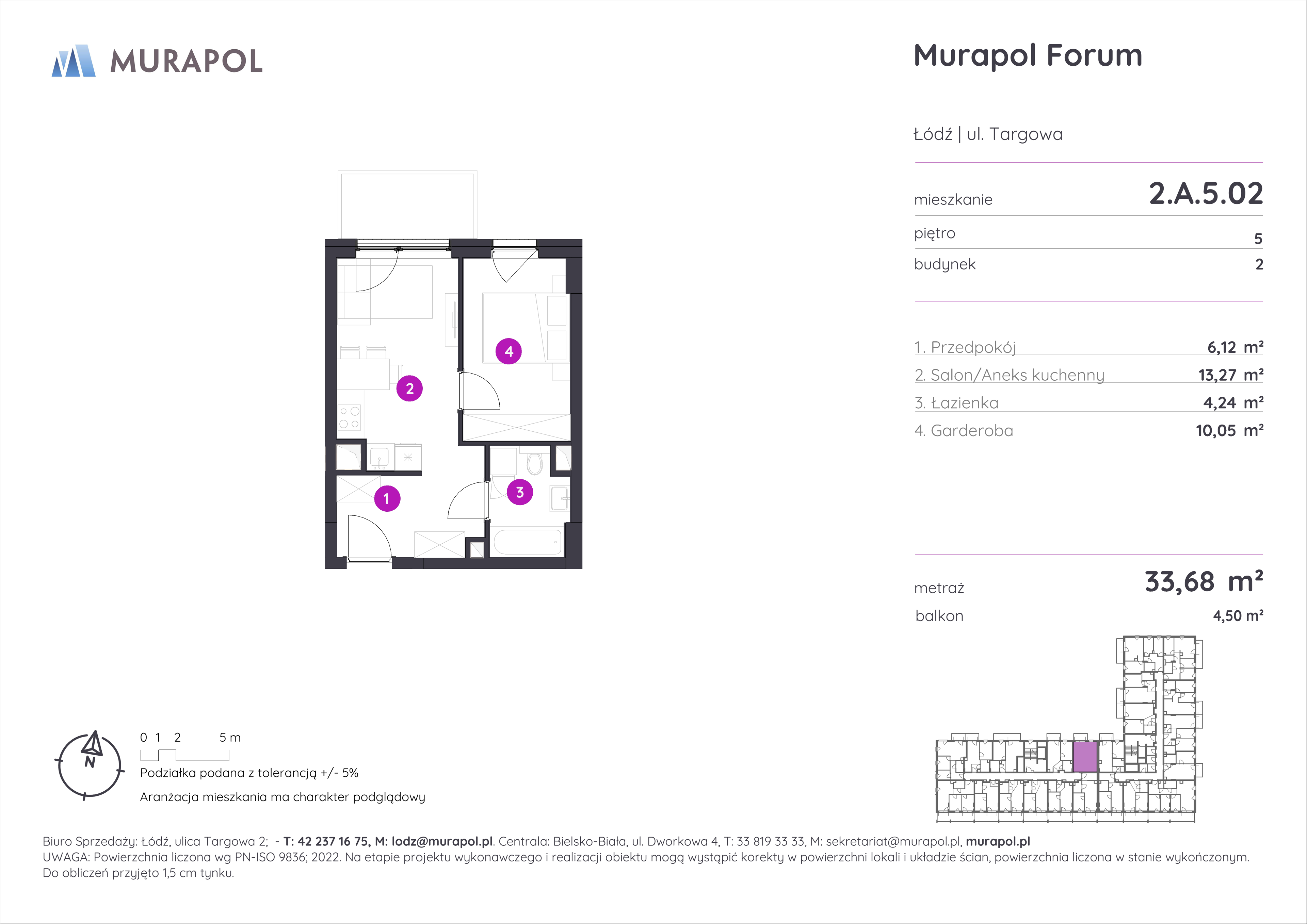 Mieszkanie 33,68 m², piętro 5, oferta nr 2.A.5.02, Murapol Forum, Łódź, Śródmieście, ul. Targowa-idx