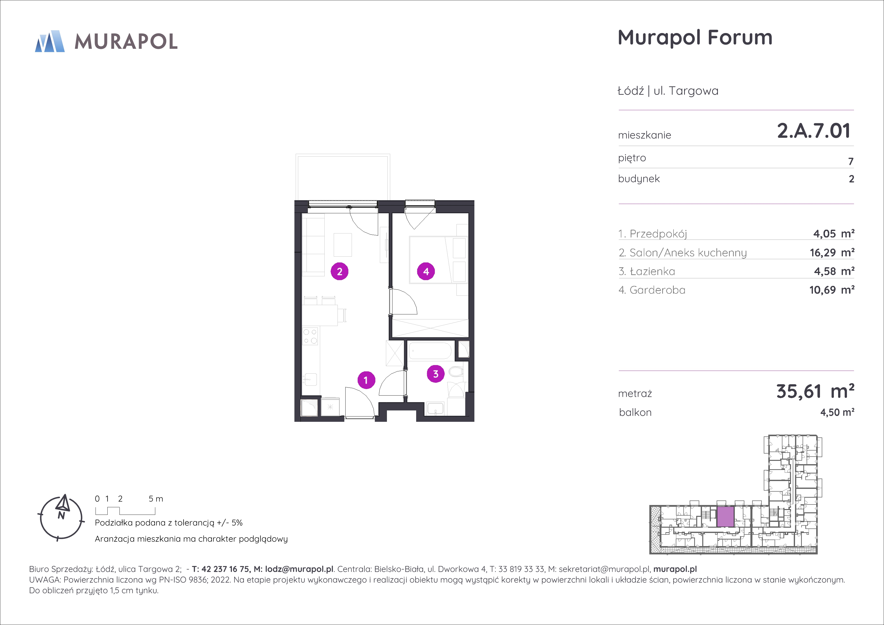 Mieszkanie 35,61 m², piętro 7, oferta nr 2.A.7.01, Murapol Forum, Łódź, Śródmieście, ul. Targowa-idx