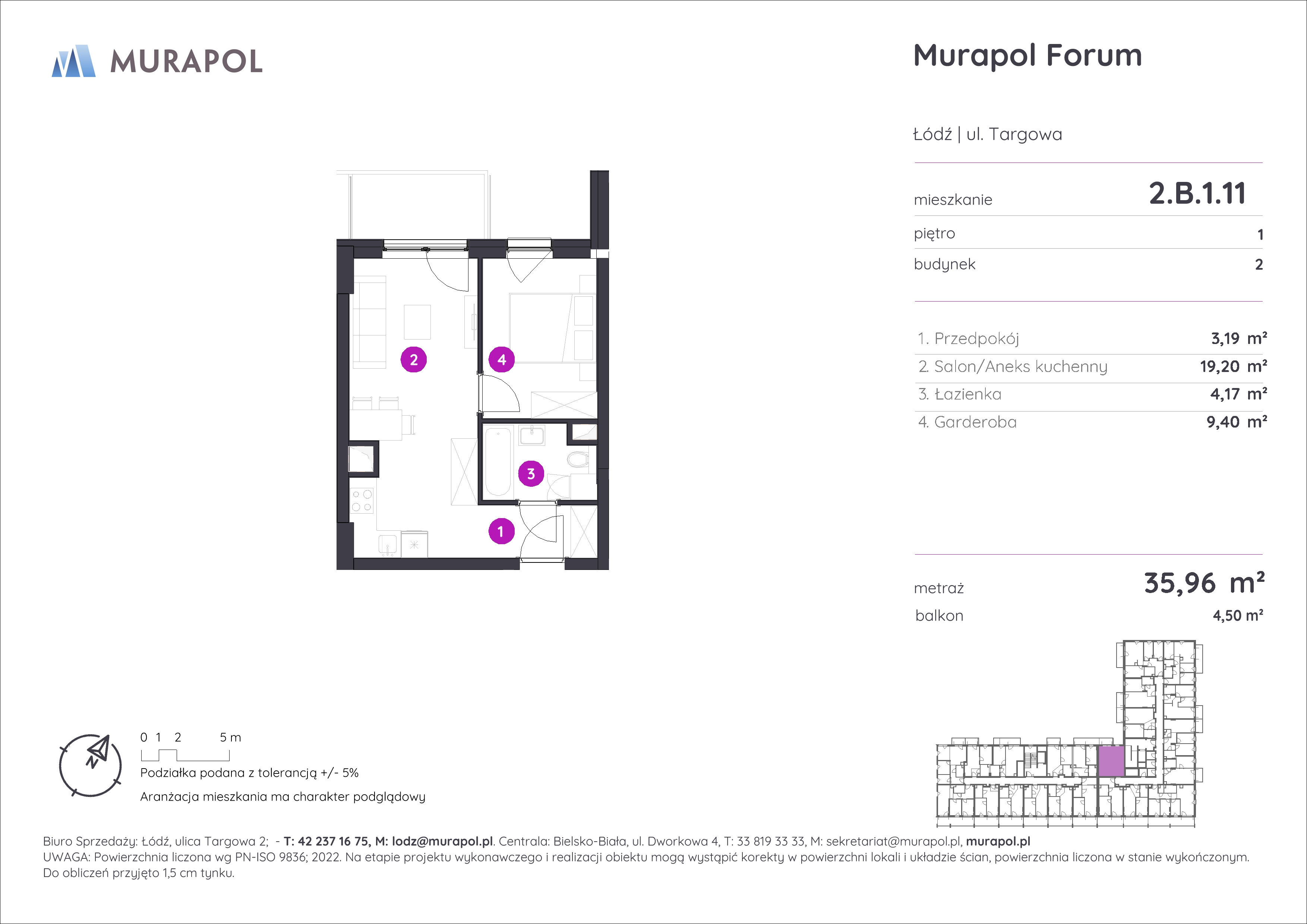 Mieszkanie 35,96 m², piętro 1, oferta nr 2.B.1.11, Murapol Forum, Łódź, Śródmieście, ul. Targowa-idx