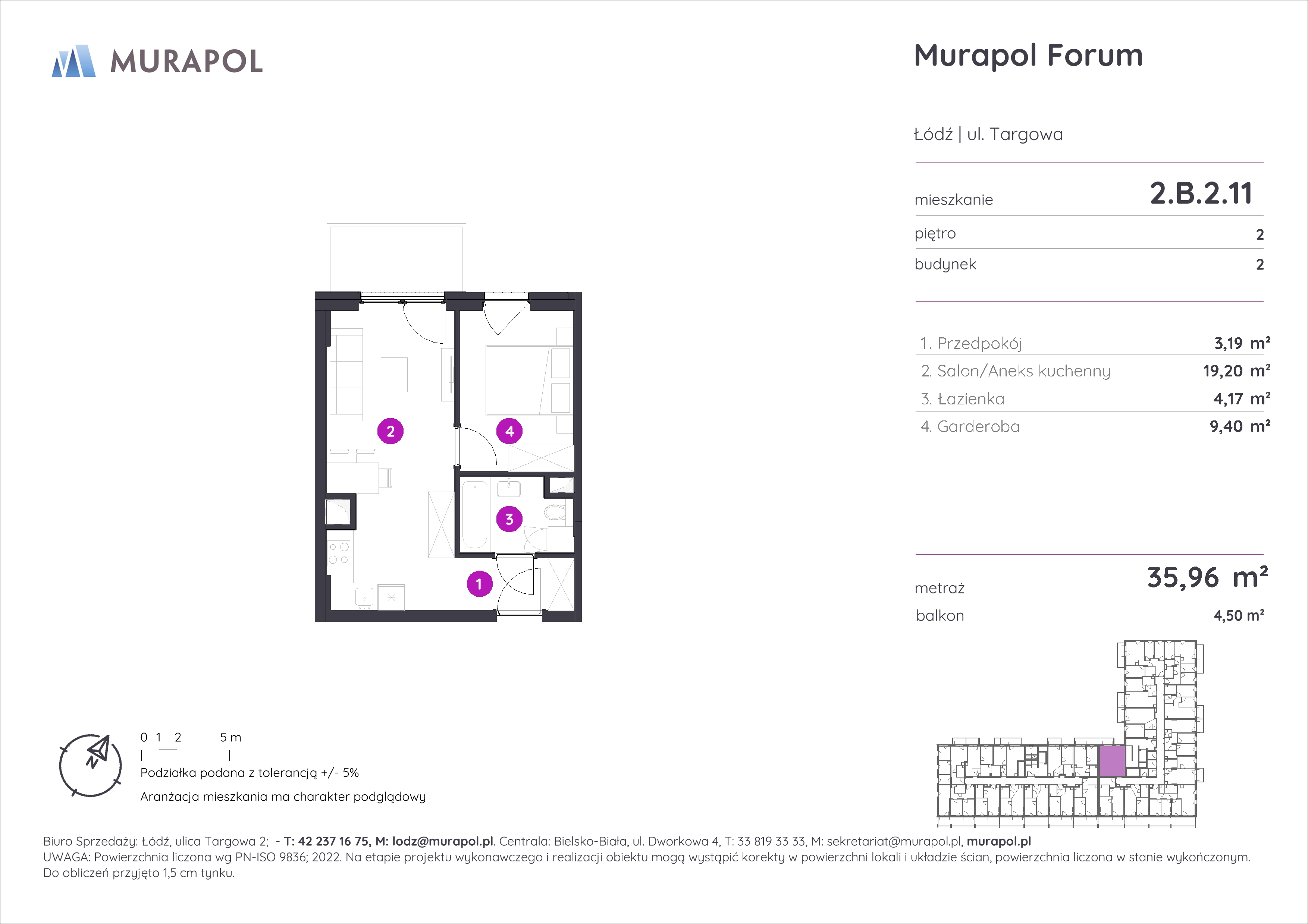 Mieszkanie 35,96 m², piętro 2, oferta nr 2.B.2.11, Murapol Forum, Łódź, Śródmieście, ul. Targowa-idx