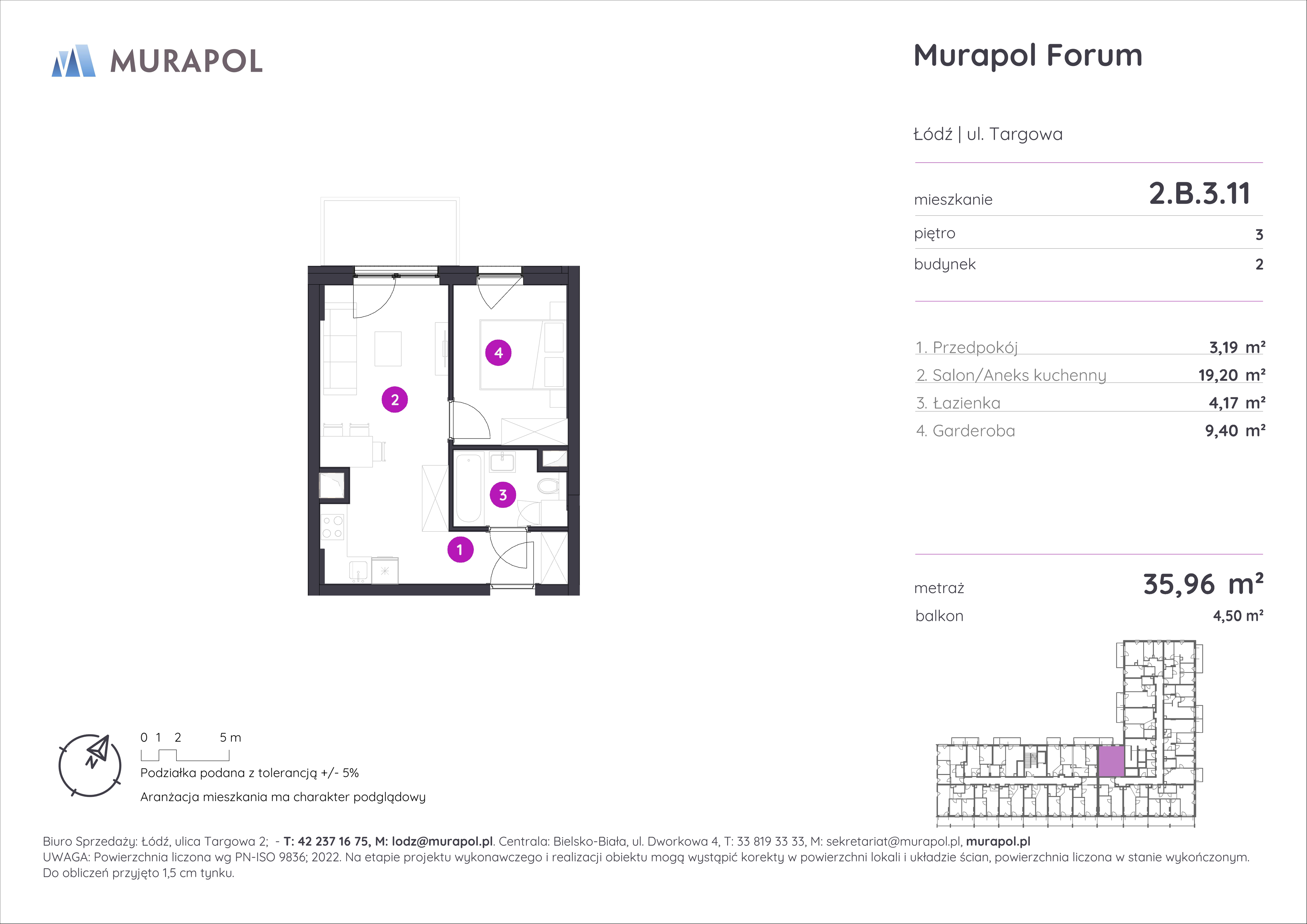 Mieszkanie 35,96 m², piętro 3, oferta nr 2.B.3.11, Murapol Forum, Łódź, Śródmieście, ul. Targowa-idx