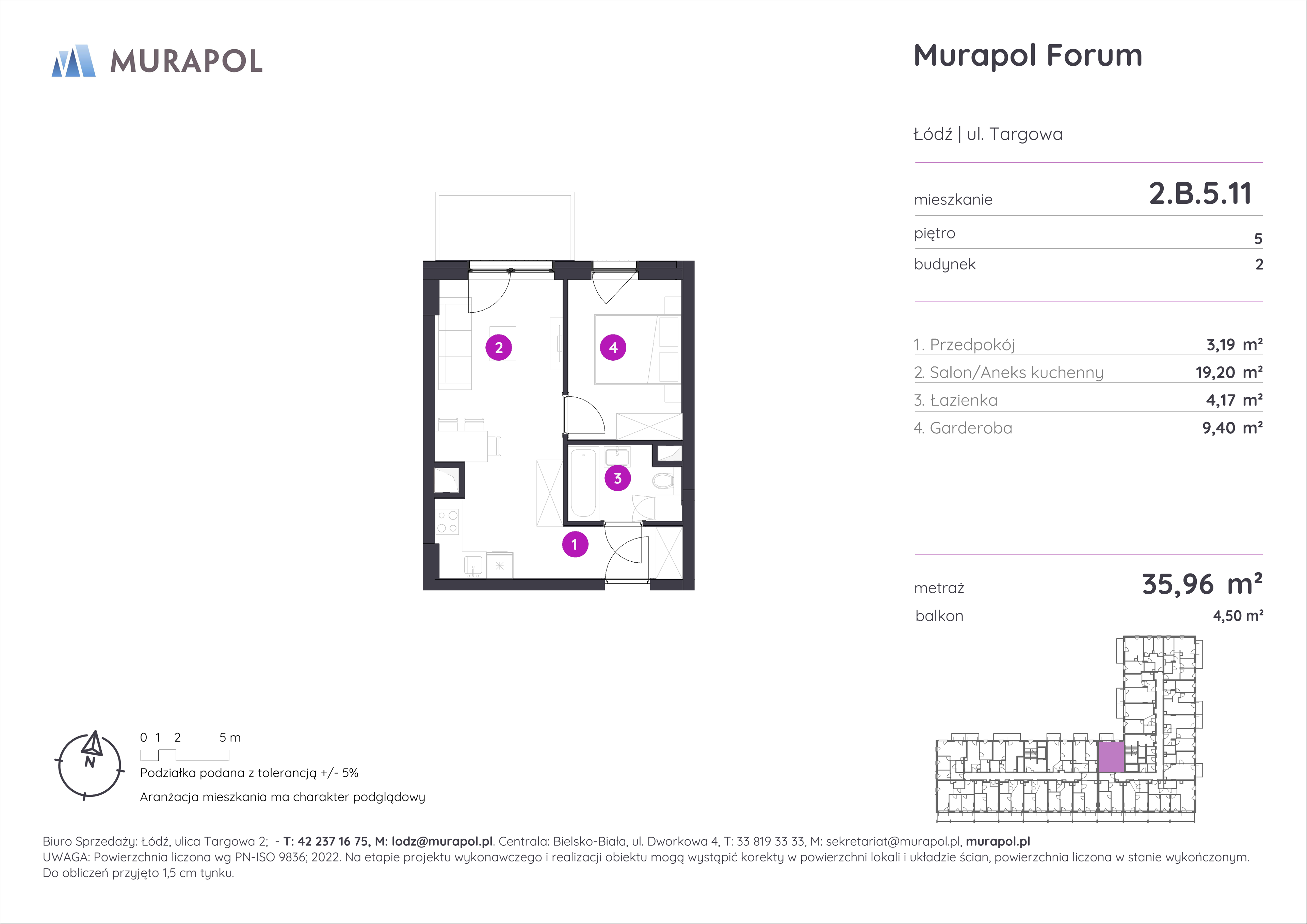 Mieszkanie 35,96 m², piętro 5, oferta nr 2.B.5.11, Murapol Forum, Łódź, Śródmieście, ul. Targowa-idx