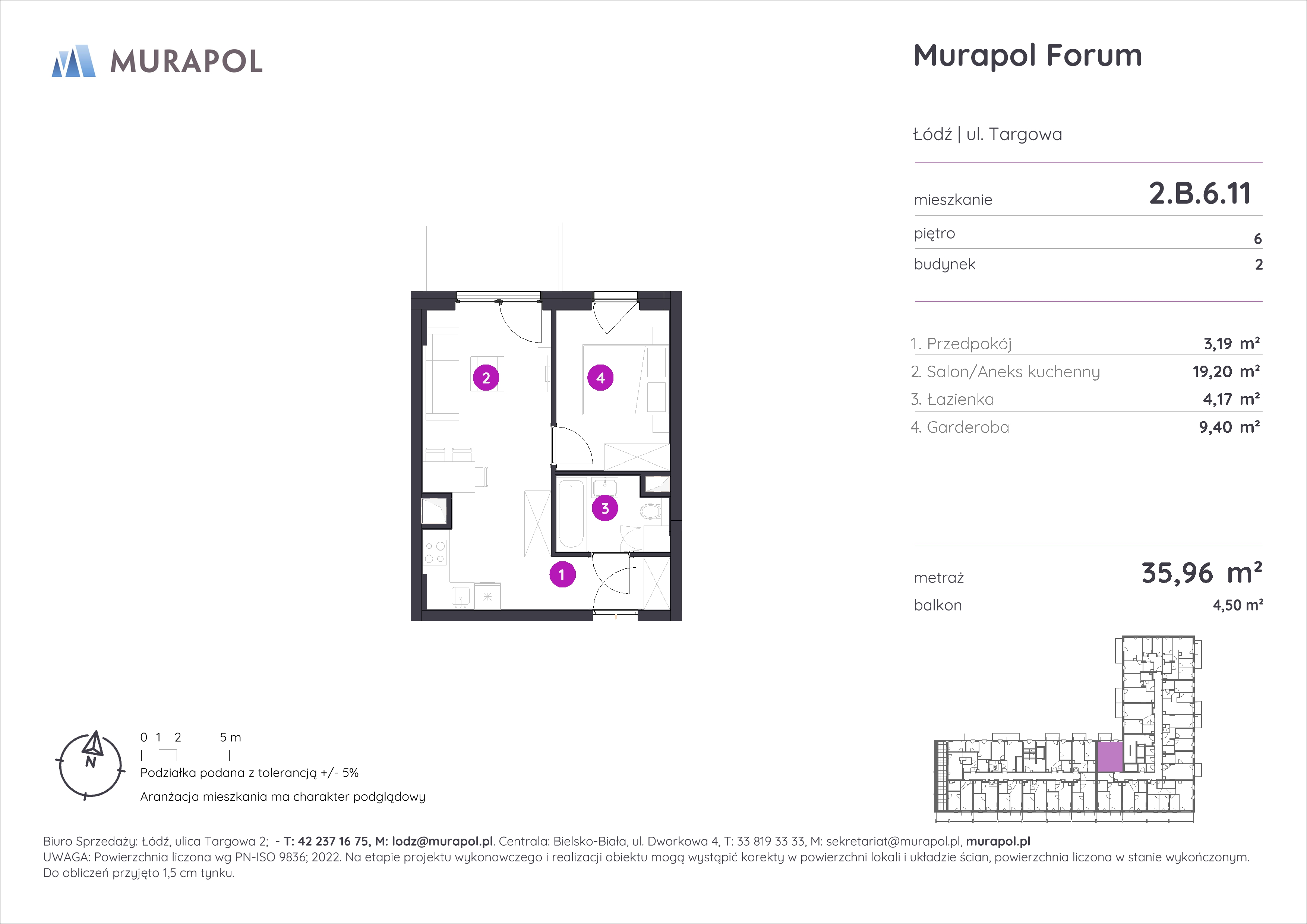 Mieszkanie 35,96 m², piętro 6, oferta nr 2.B.6.11, Murapol Forum, Łódź, Śródmieście, ul. Targowa-idx