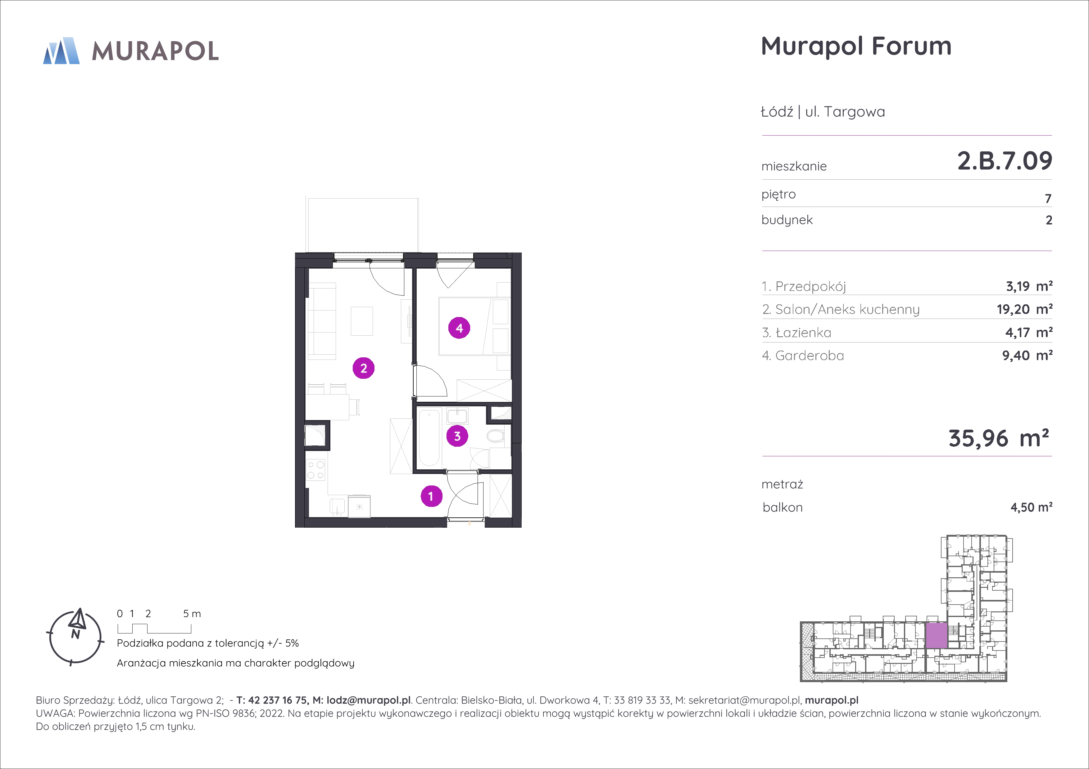 Mieszkanie 35,96 m², piętro 7, oferta nr 2.B.7.09, Murapol Forum, Łódź, Śródmieście, ul. Targowa-idx