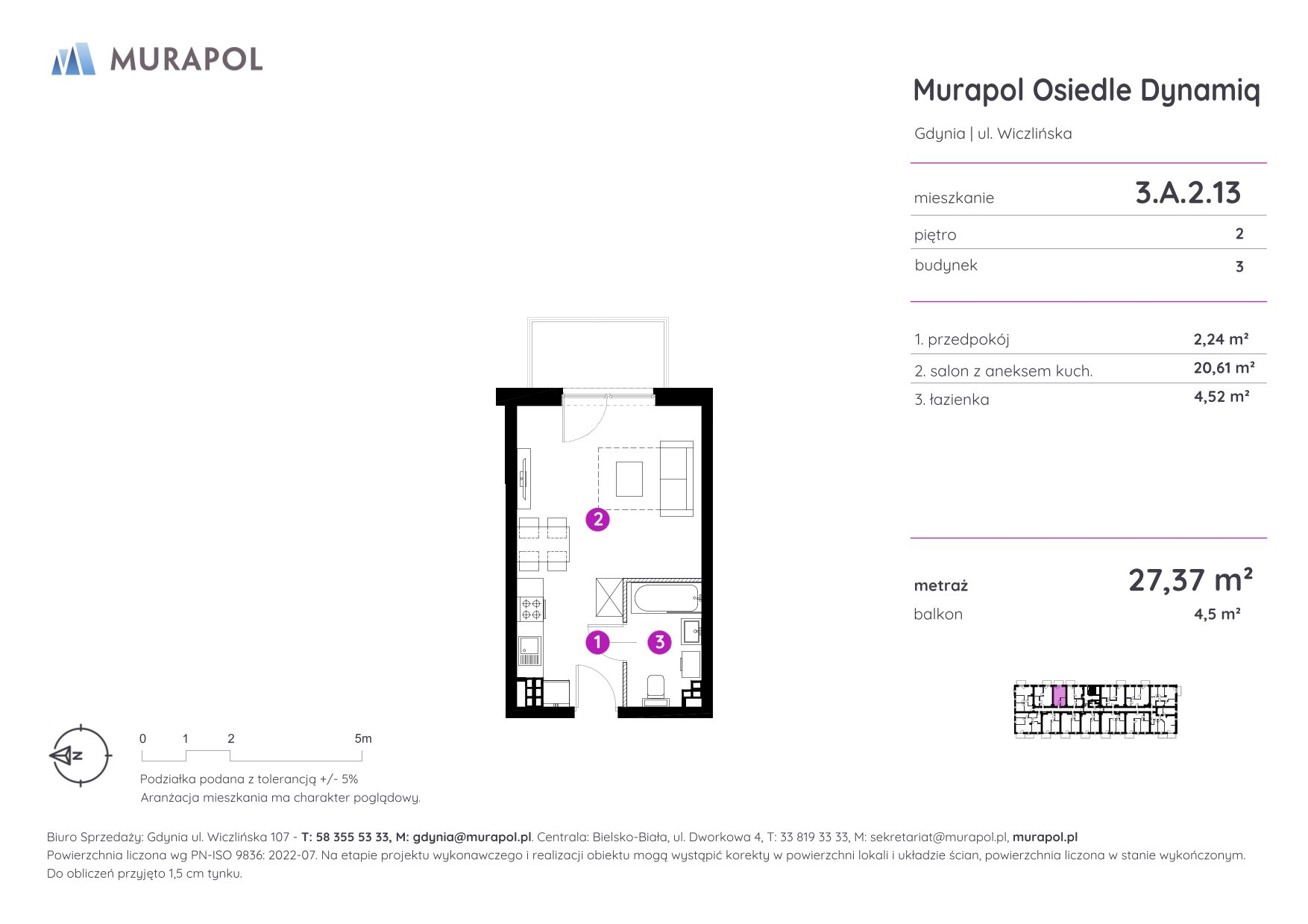 Mieszkanie 27,37 m², piętro 2, oferta nr 3.A.2.13, Murapol Osiedle Dynamiq, Gdynia, Chwarzno-Wiczlino, ul. Wiczlińska-idx