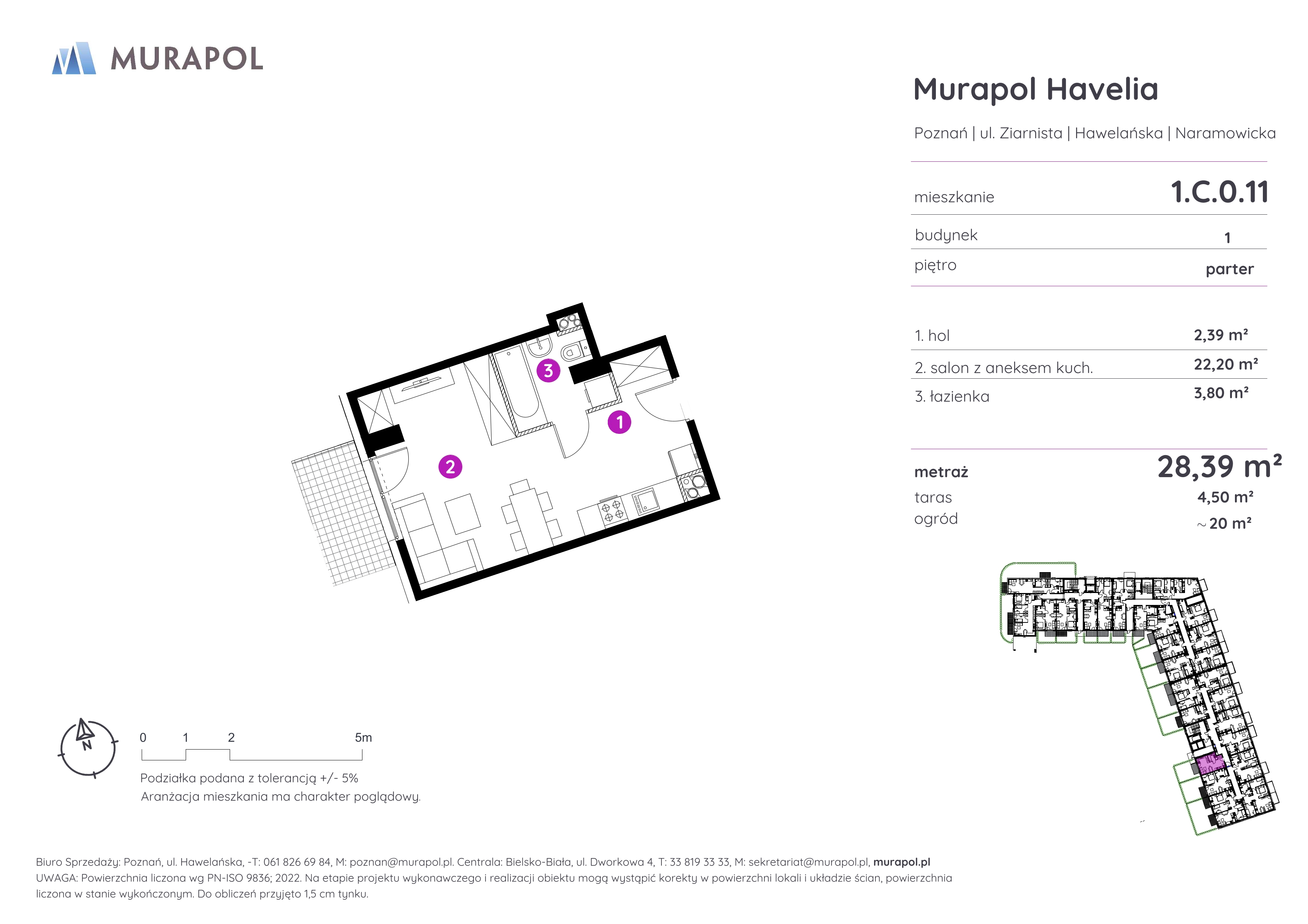 Mieszkanie 28,39 m², parter, oferta nr 1.C.0.11, Murapol Havelia, Poznań, Winogrady, Stare Winogrady, ul. Ziarnista / Naramowicka-idx