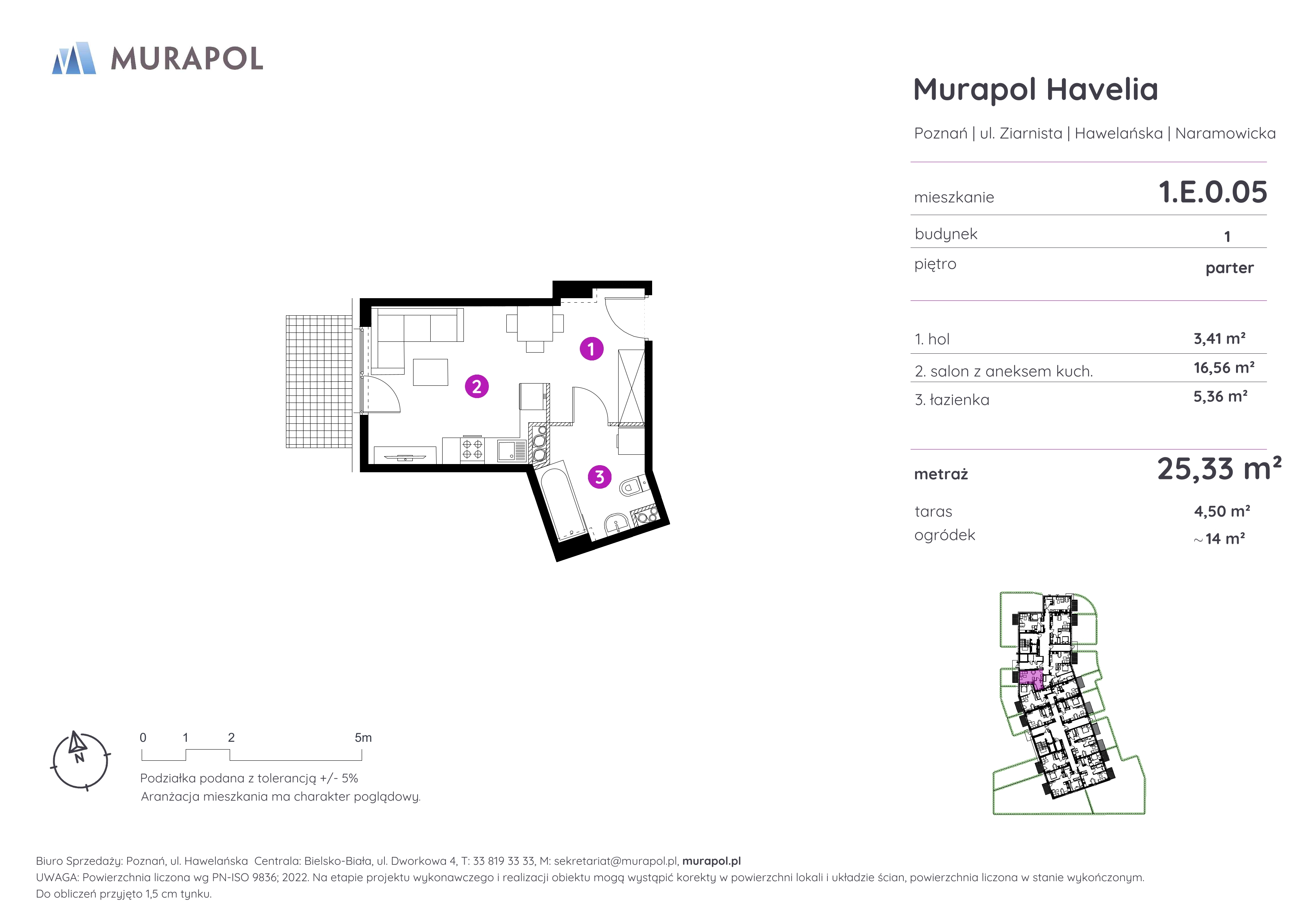 Mieszkanie 25,33 m², parter, oferta nr 1.E.0.05, Murapol Havelia, Poznań, Winogrady, Stare Winogrady, ul. Ziarnista / Naramowicka-idx