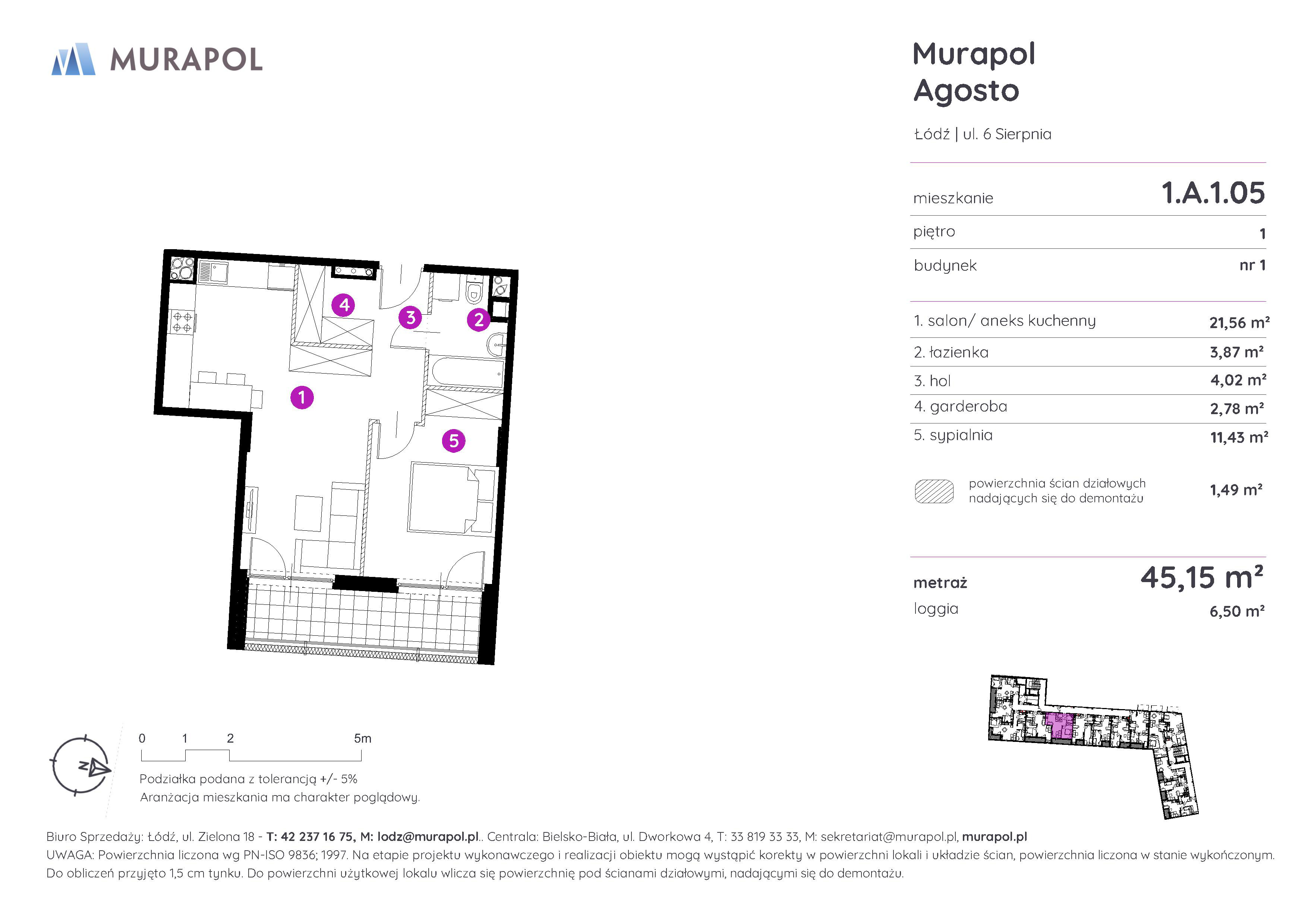 Mieszkanie 45,15 m², piętro 1, oferta nr 1.A.1.05, Murapol Agosto, Łódź, Polesie, Stare Polesie, ul. 6 Sierpnia-idx