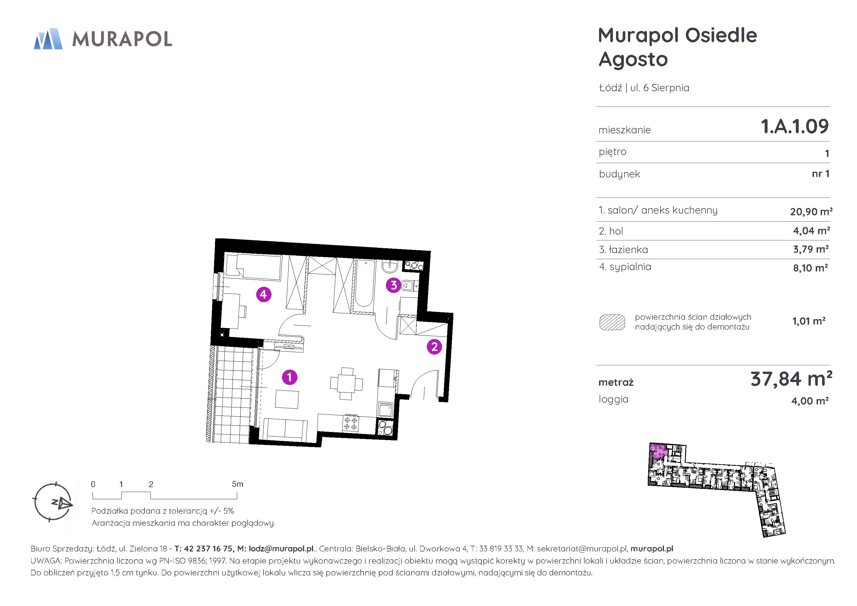 Mieszkanie 37,84 m², piętro 1, oferta nr 1.A.1.09, Murapol Agosto, Łódź, Polesie, Stare Polesie, ul. 6 Sierpnia-idx