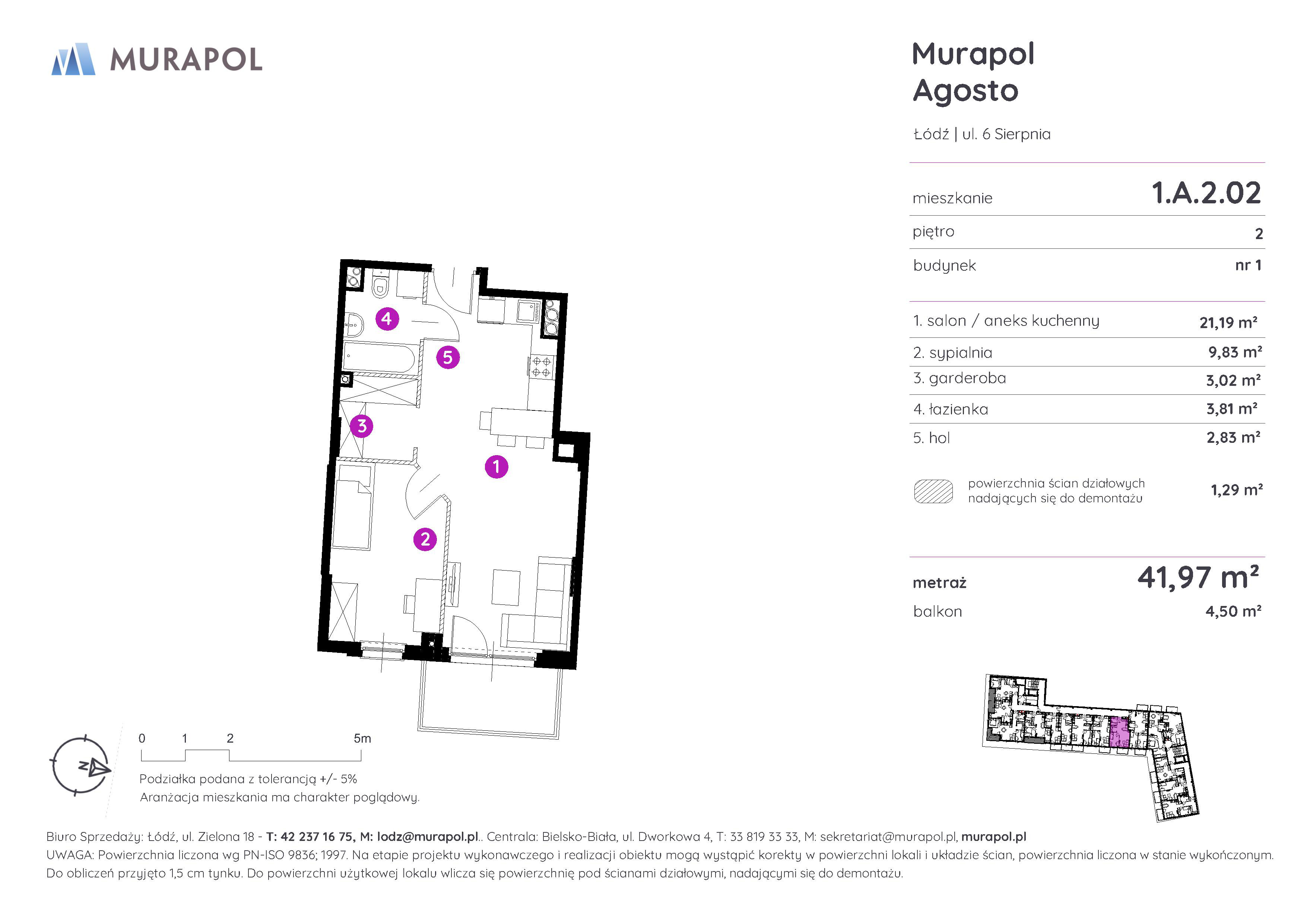 Mieszkanie 41,97 m², piętro 2, oferta nr 1.A.2.02, Murapol Agosto, Łódź, Polesie, Stare Polesie, ul. 6 Sierpnia-idx