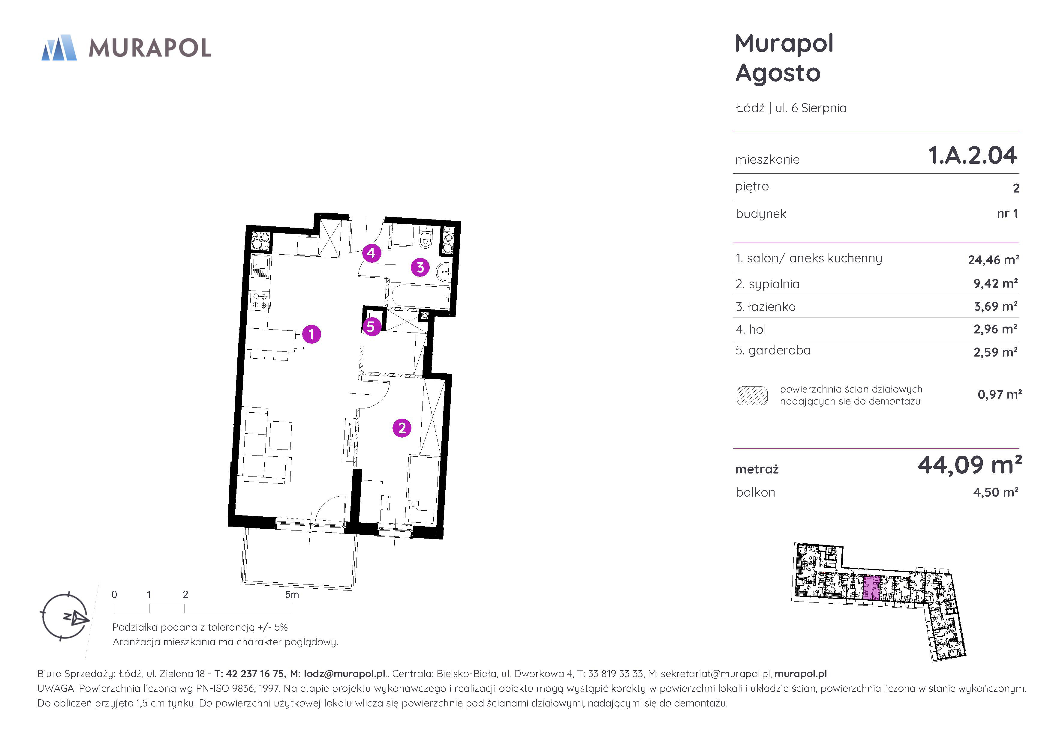 Mieszkanie 44,09 m², piętro 2, oferta nr 1.A.2.04, Murapol Agosto, Łódź, Polesie, Stare Polesie, ul. 6 Sierpnia-idx