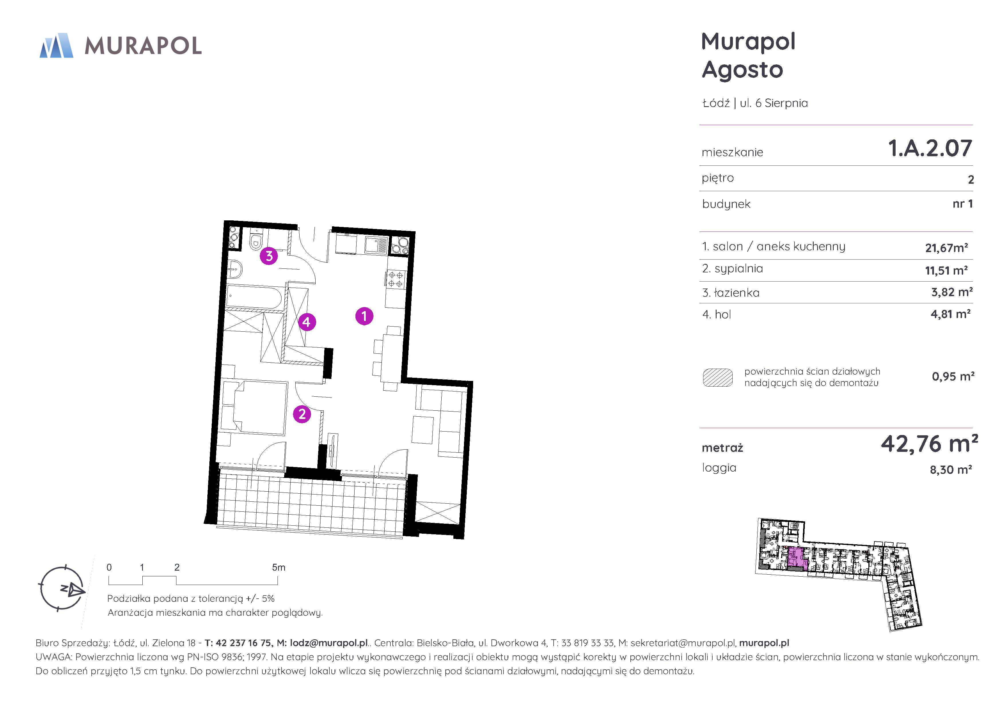 Mieszkanie 42,76 m², piętro 2, oferta nr 1.A.2.07, Murapol Agosto, Łódź, Polesie, Stare Polesie, ul. 6 Sierpnia-idx