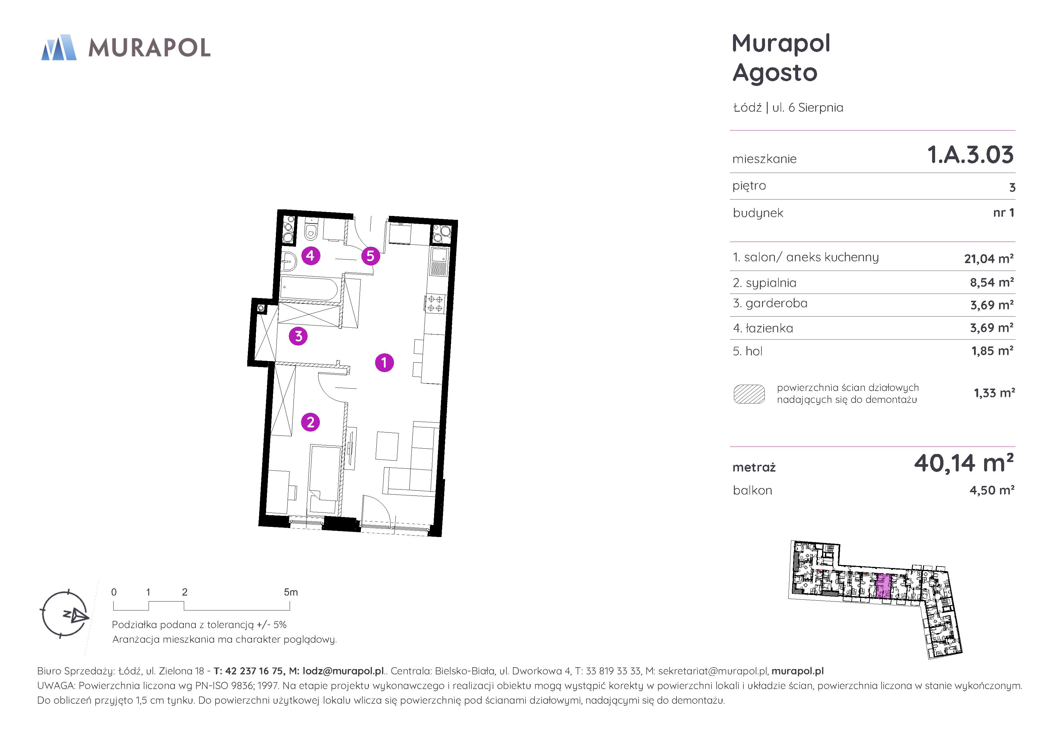 Mieszkanie 40,14 m², piętro 3, oferta nr 1.A.3.03, Murapol Agosto, Łódź, Polesie, Stare Polesie, ul. 6 Sierpnia-idx