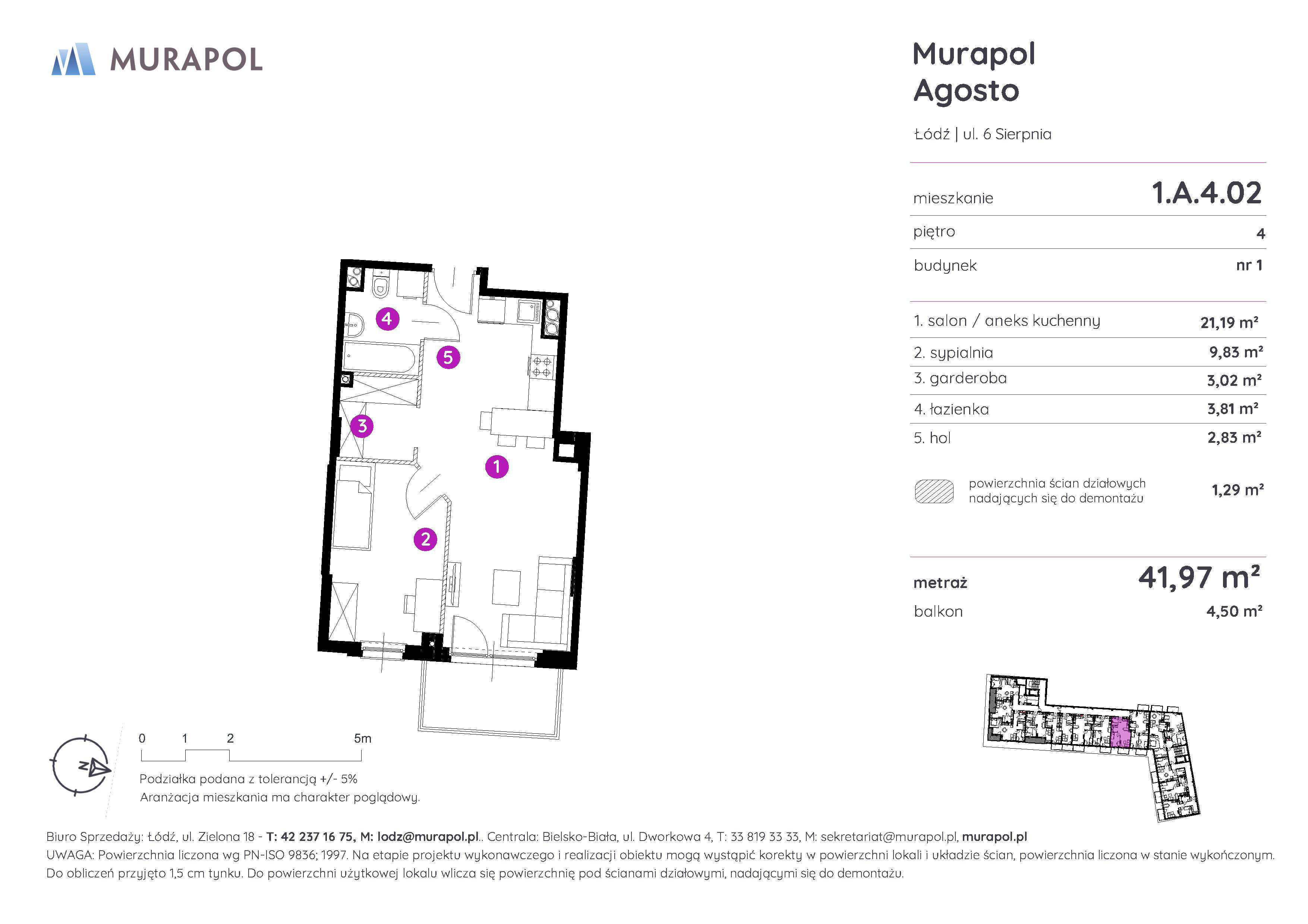 Mieszkanie 41,97 m², piętro 4, oferta nr 1.A.4.02, Murapol Agosto, Łódź, Polesie, Stare Polesie, ul. 6 Sierpnia-idx