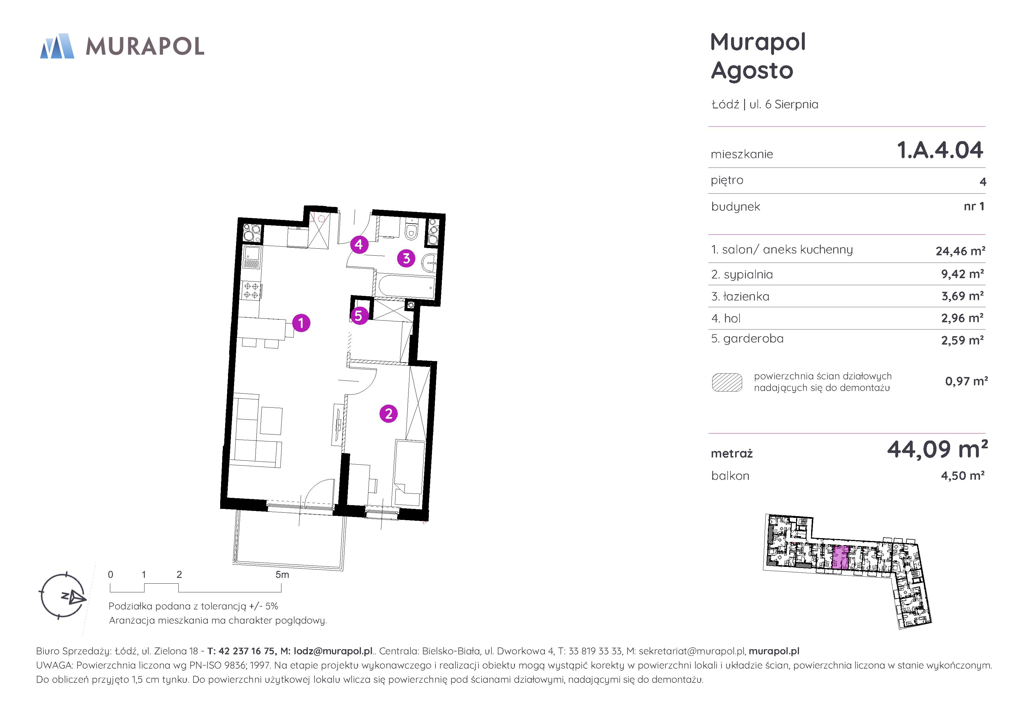 Mieszkanie 44,09 m², piętro 4, oferta nr 1.A.4.04, Murapol Agosto, Łódź, Polesie, Stare Polesie, ul. 6 Sierpnia-idx