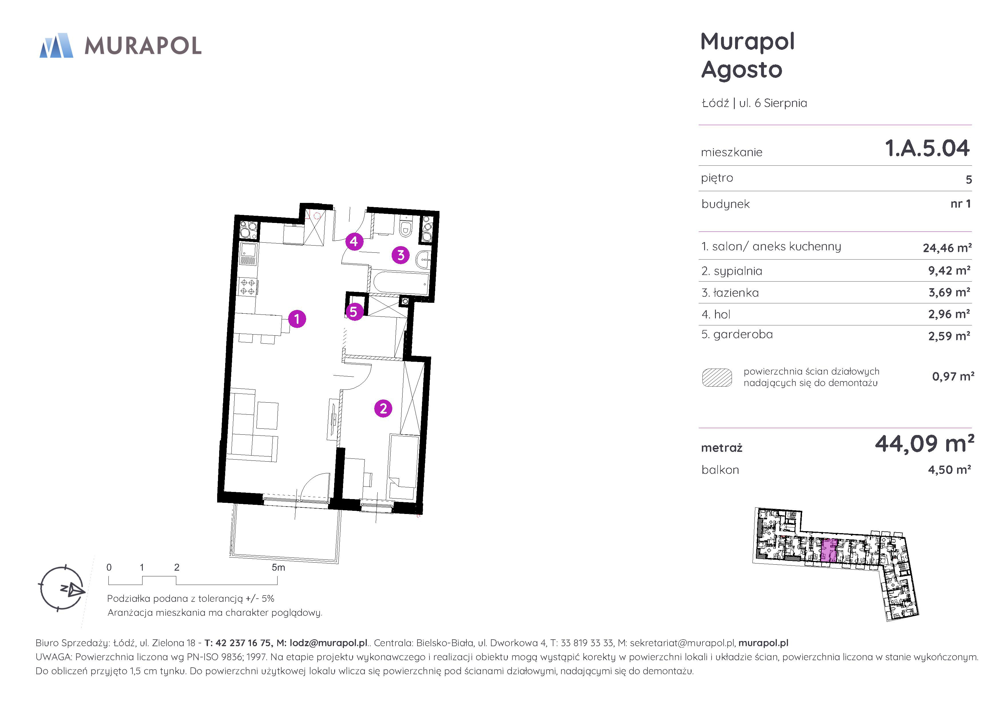 Mieszkanie 44,09 m², piętro 5, oferta nr 1.A.5.04, Murapol Agosto, Łódź, Polesie, Stare Polesie, ul. 6 Sierpnia-idx