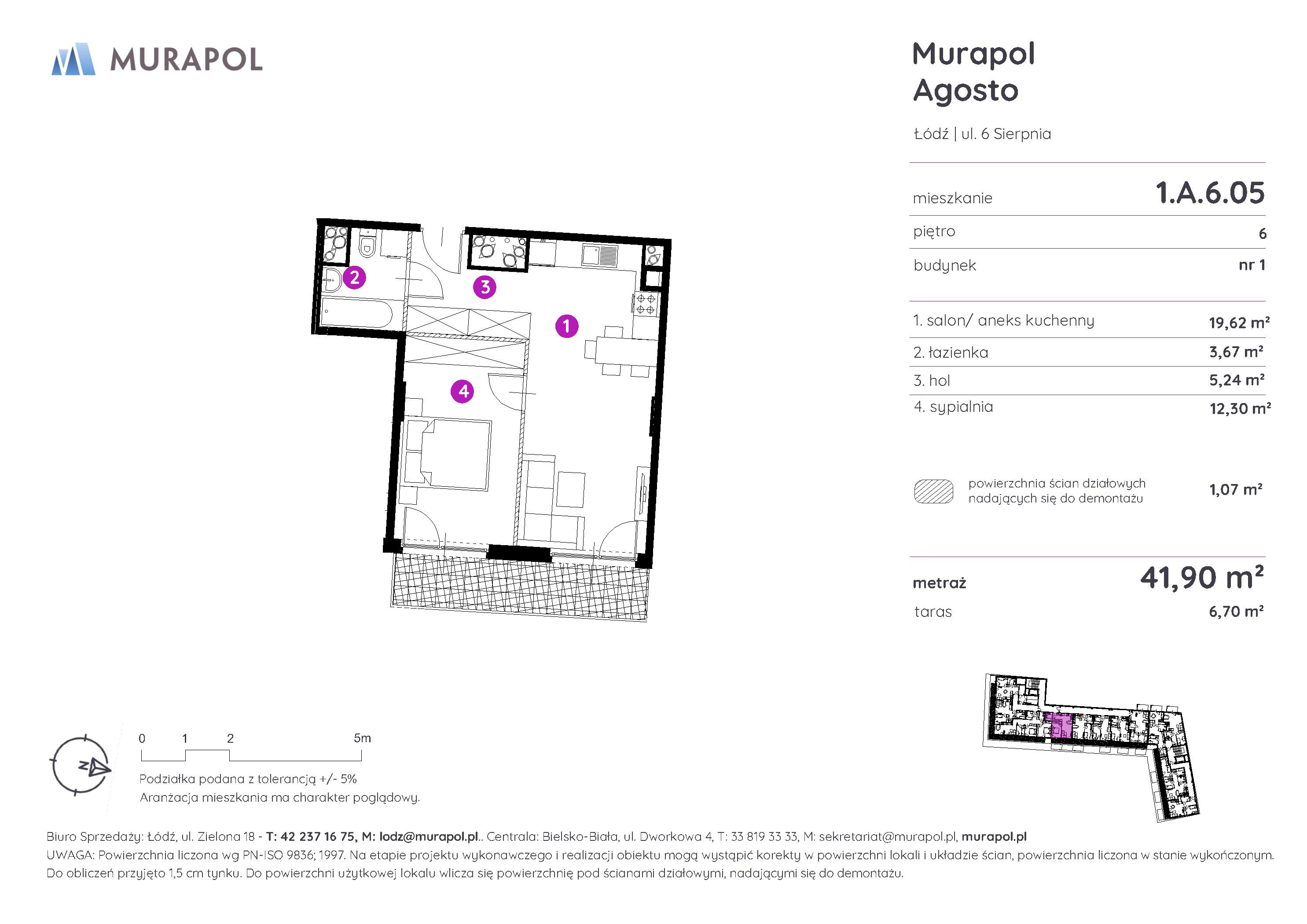 Mieszkanie 41,90 m², piętro 6, oferta nr 1.A.6.05, Murapol Agosto, Łódź, Polesie, Stare Polesie, ul. 6 Sierpnia-idx