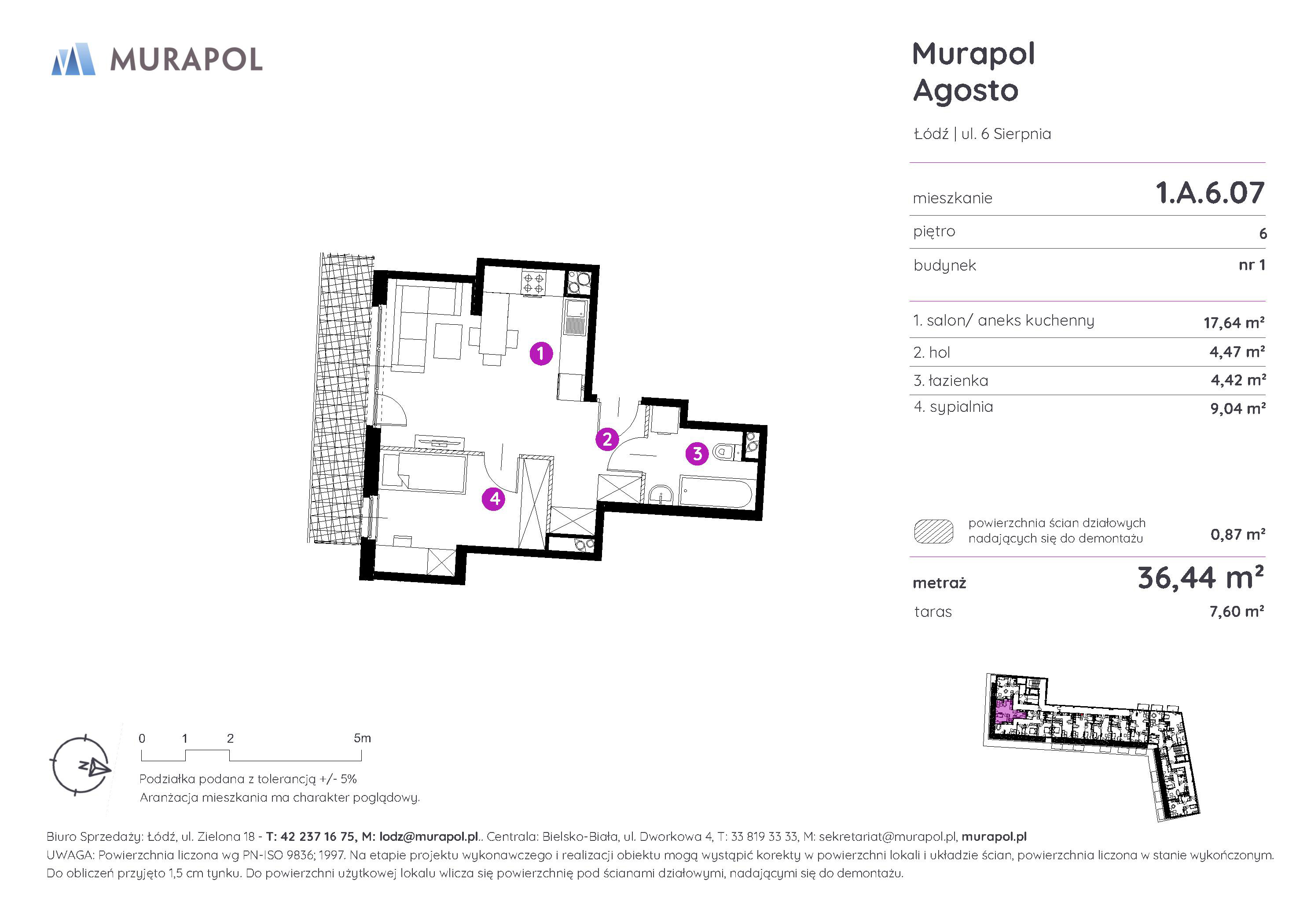 Mieszkanie 36,44 m², piętro 6, oferta nr 1.A.6.07, Murapol Agosto, Łódź, Polesie, Stare Polesie, ul. 6 Sierpnia-idx