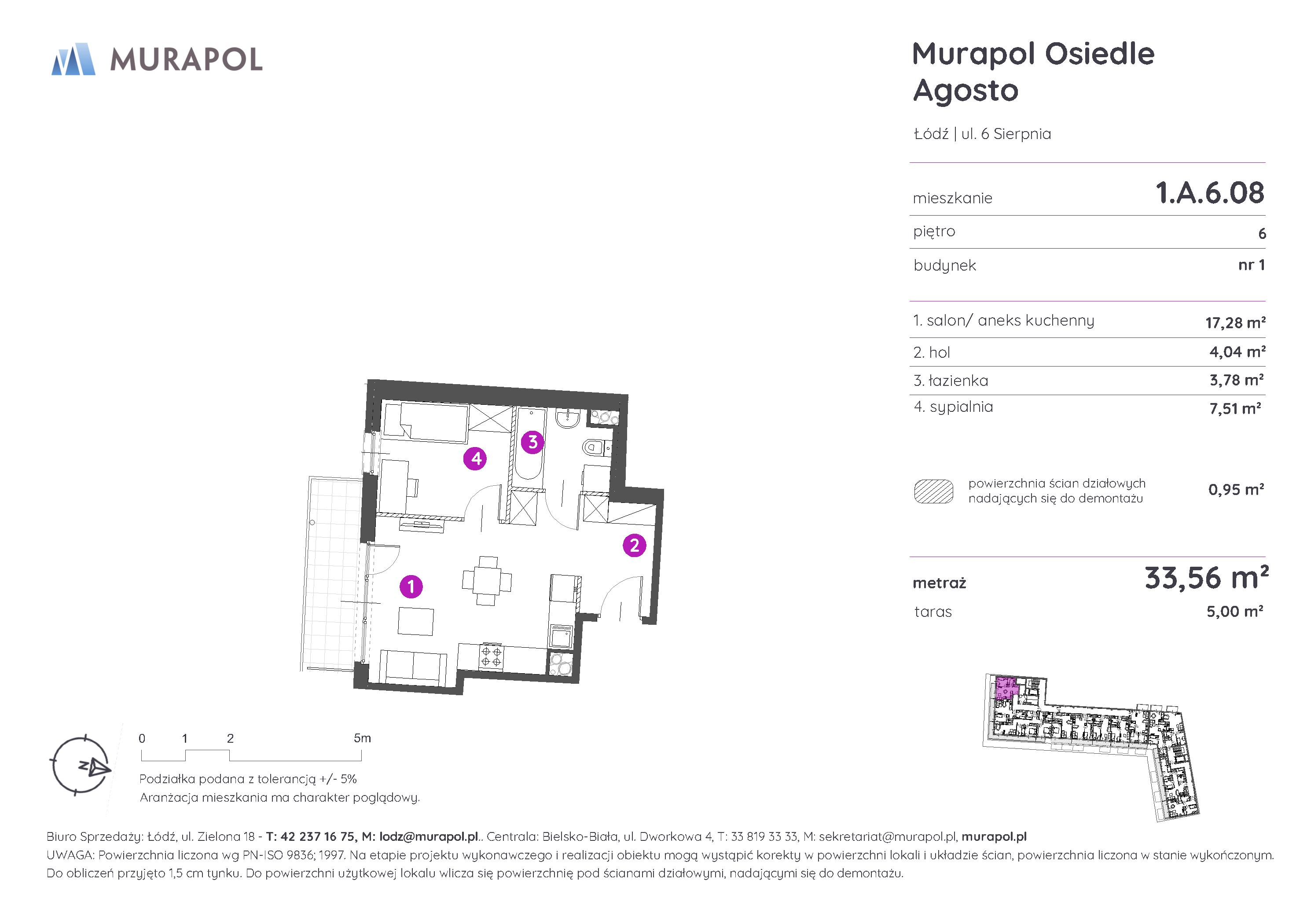 Mieszkanie 33,56 m², piętro 6, oferta nr 1.A.6.08, Murapol Agosto, Łódź, Polesie, Stare Polesie, ul. 6 Sierpnia-idx